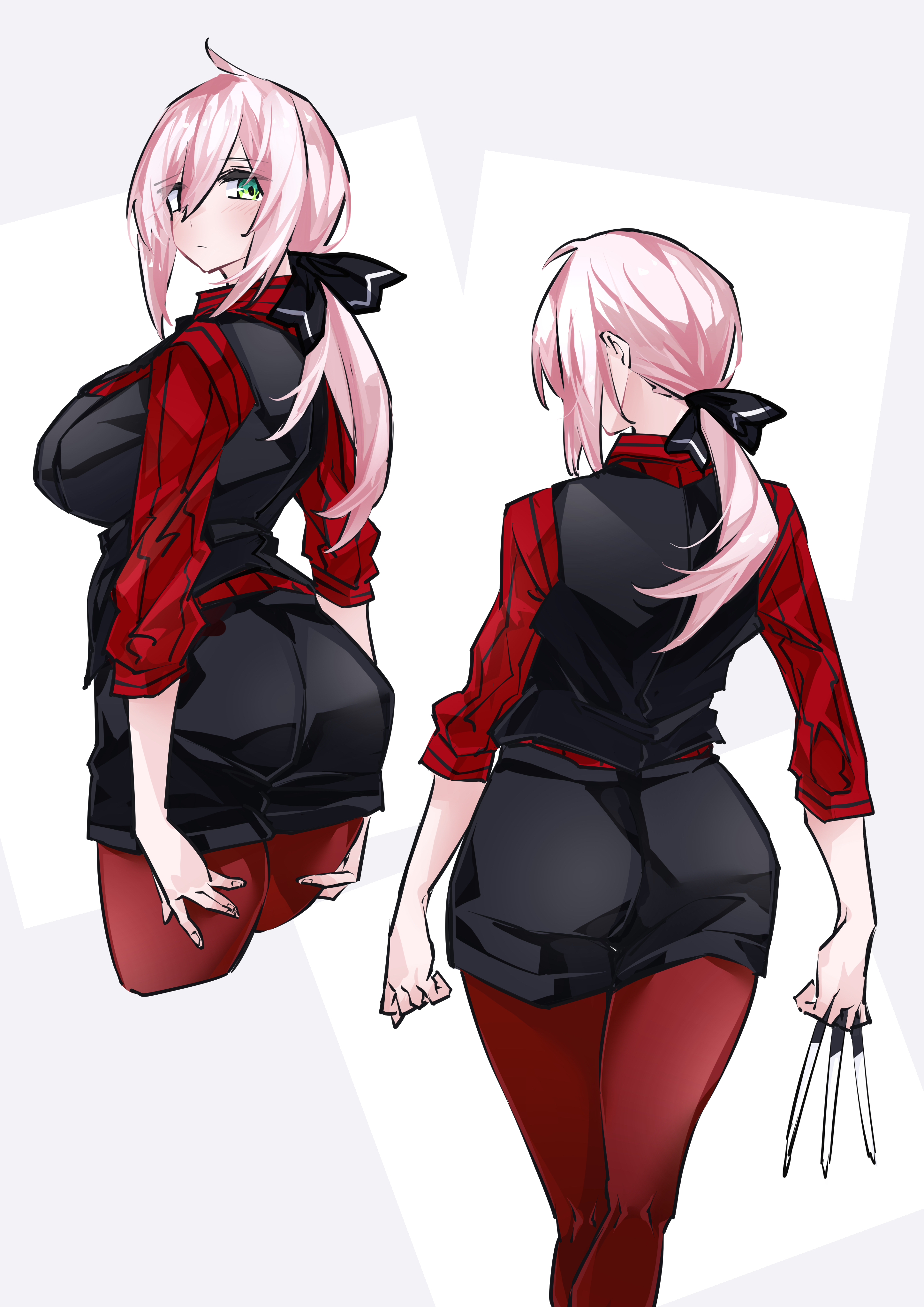 rinrikoko, original, absurdres, highres, ass, between fingers, black necktie, black ribbon, black shorts, black vest, breasts, cowboy shot, from behind, green eyes, hair ribbon, holding, holding knife, knife, knives between fingers, large breasts, low ponytail, medium hair, necktie, pantyhose, pink hair, ponytail, red pantyhose, red shirt, ribbon, shirt, shorts, sidelocks, striped clothes, striped shirt, twisted torso, vest