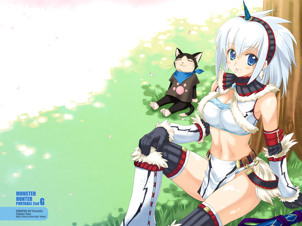 yano takumi, melynx, capcom, monster hunter (series), 1girl, bandeau bikini, blue eyes, breasts, cat, cherry blossoms, cleavage, hairband, horns, kirin (armor), medium breasts, midriff, mouth hold, single horn, sitting, smile, thighhighs, vest, white hair