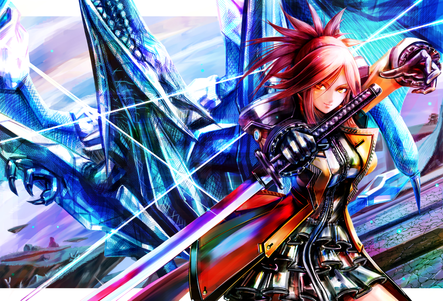 sushi (sashimise), azanami (pso2), quartz dragon, phantasy star, phantasy star online 2, 1girl, arm up, attack, black gloves, breasts, claws, dragon, dragon wings, floating island, frilled skirt, frilled sleeves, frills, gloves, holding, holding sword, holding weapon, jacket, katana, long hair, long sleeves, medium breasts, orange eyes, orange jacket, ponytail, red hair, shirt, skirt, sky, slashing, smile, spiked hair, sword, upper body, weapon, white shirt, white skirt, wings