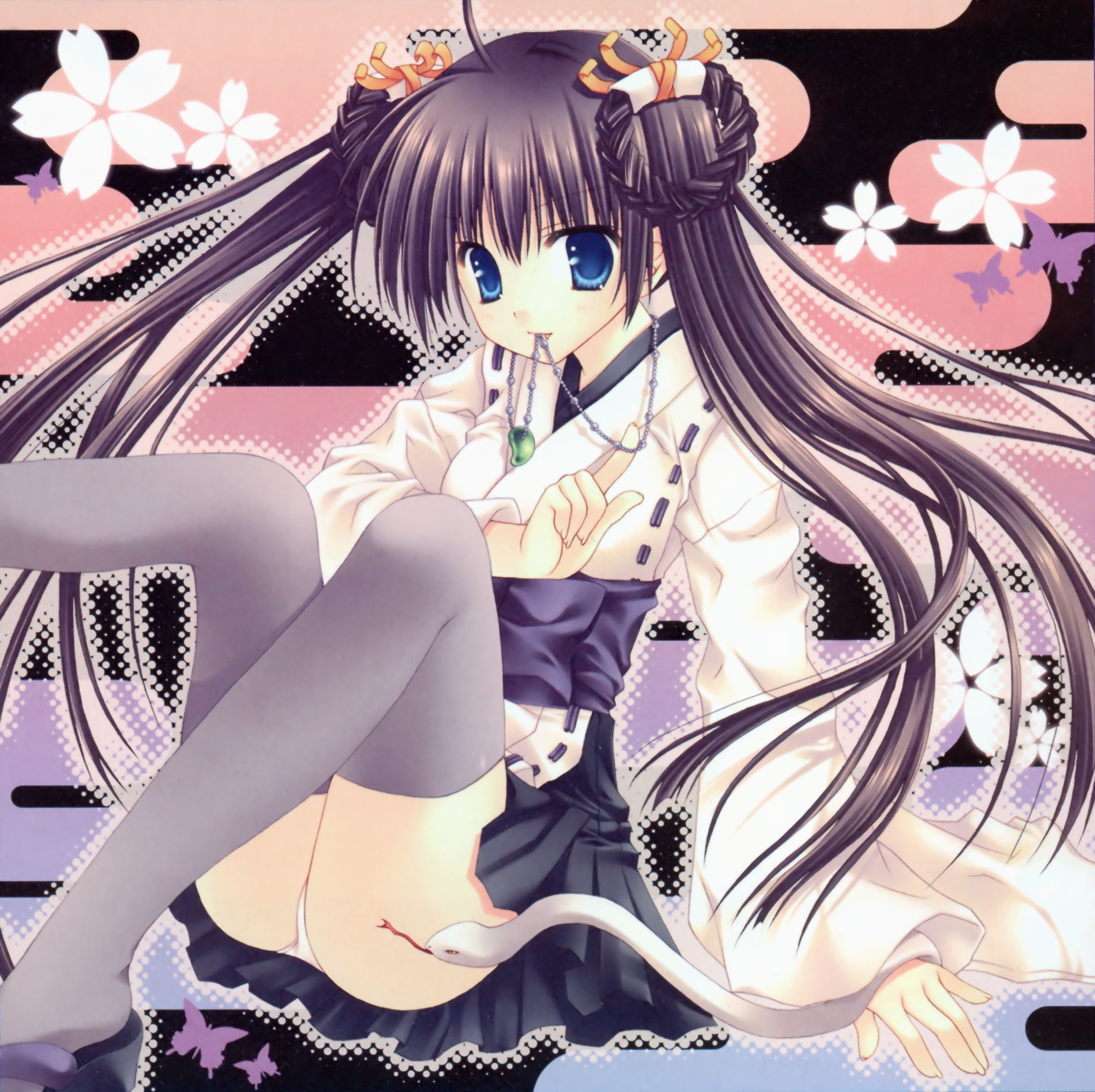 wnb mark, aquarian age, highres, 00s, amulet, blue eyes, long hair, panties, snake, solo, thighhighs, underwear