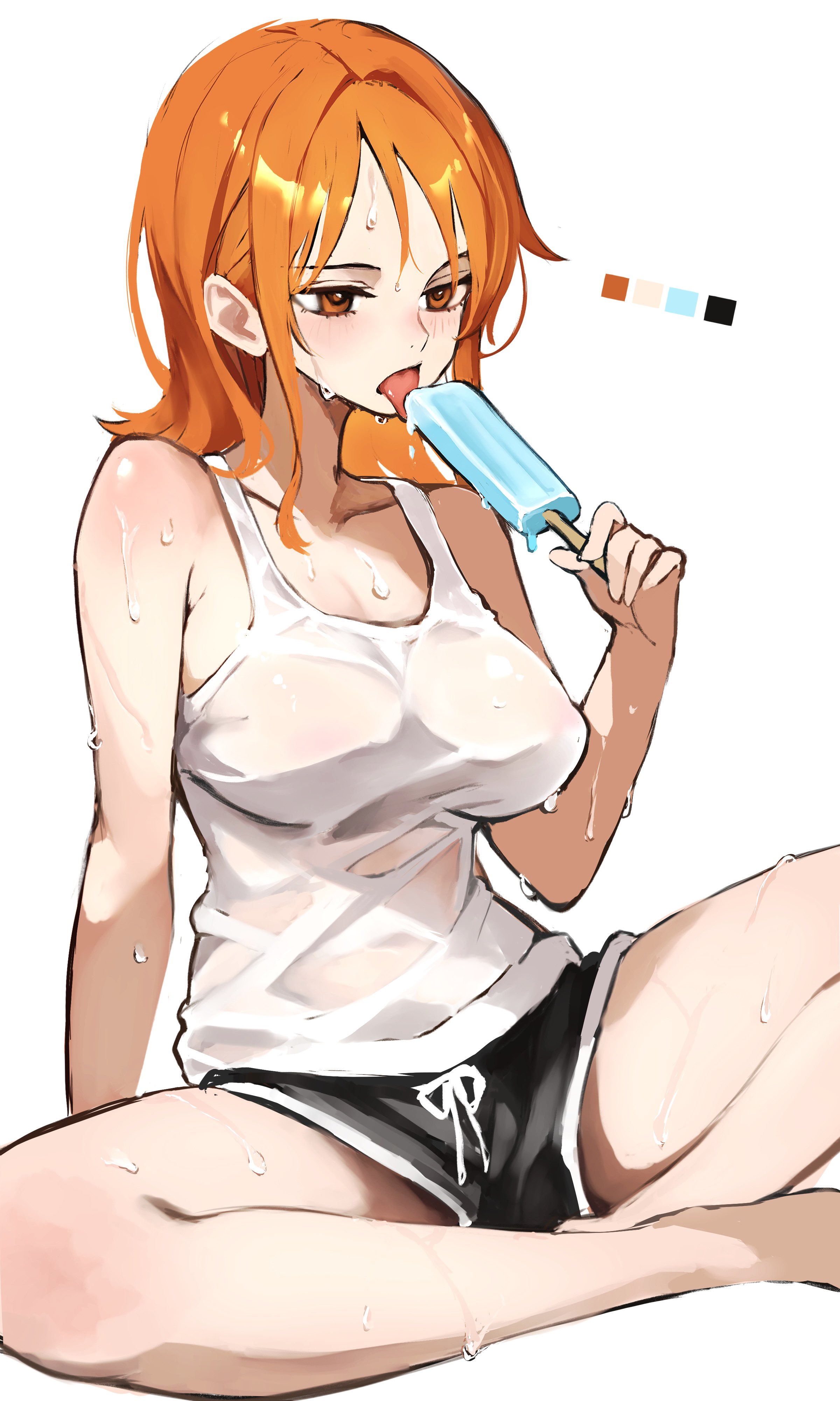 kasumi 6, nami (one piece), one piece, absurdres, highres, 1girl, arm support, armpit crease, bare arms, bare legs, bare shoulders, barefoot, black shorts, blush, breasts, collarbone, dolphin shorts, feet out of frame, food, holding, holding food, holding popsicle, indian style, large breasts, licking, orange eyes, orange hair, popsicle, see-through clothes, see-through shirt, shirt, short hair, shorts, sidelocks, simple background, sitting, solo, sweat, tank top, tongue, tongue out, wet, wet clothes, wet shirt, white background, white tank top