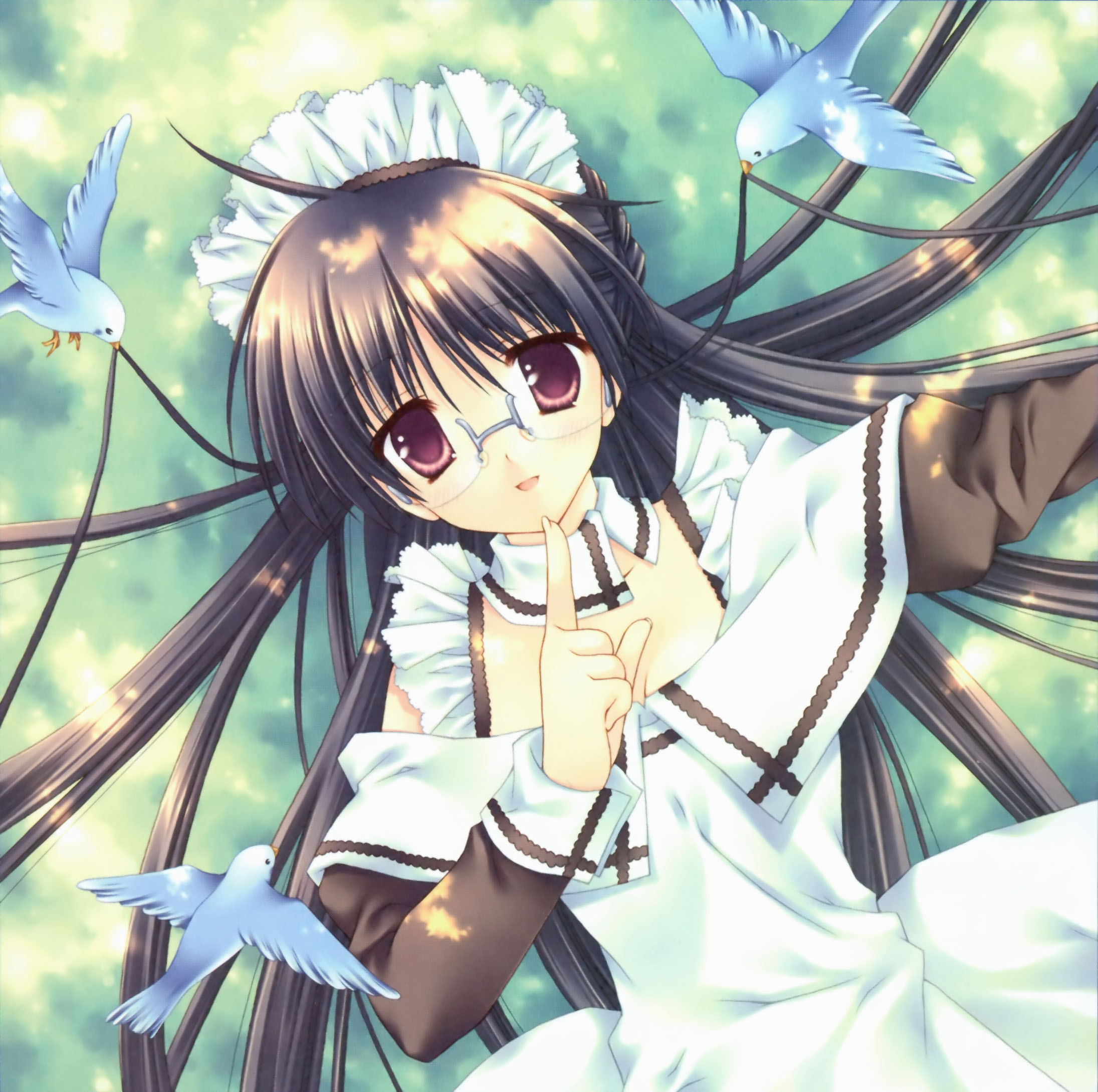 wnb mark, aquarian age, highres, 00s, ahoge, bird, black hair, glasses, grass, hairband, headband, long hair, lying, maid, purple eyes, solo
