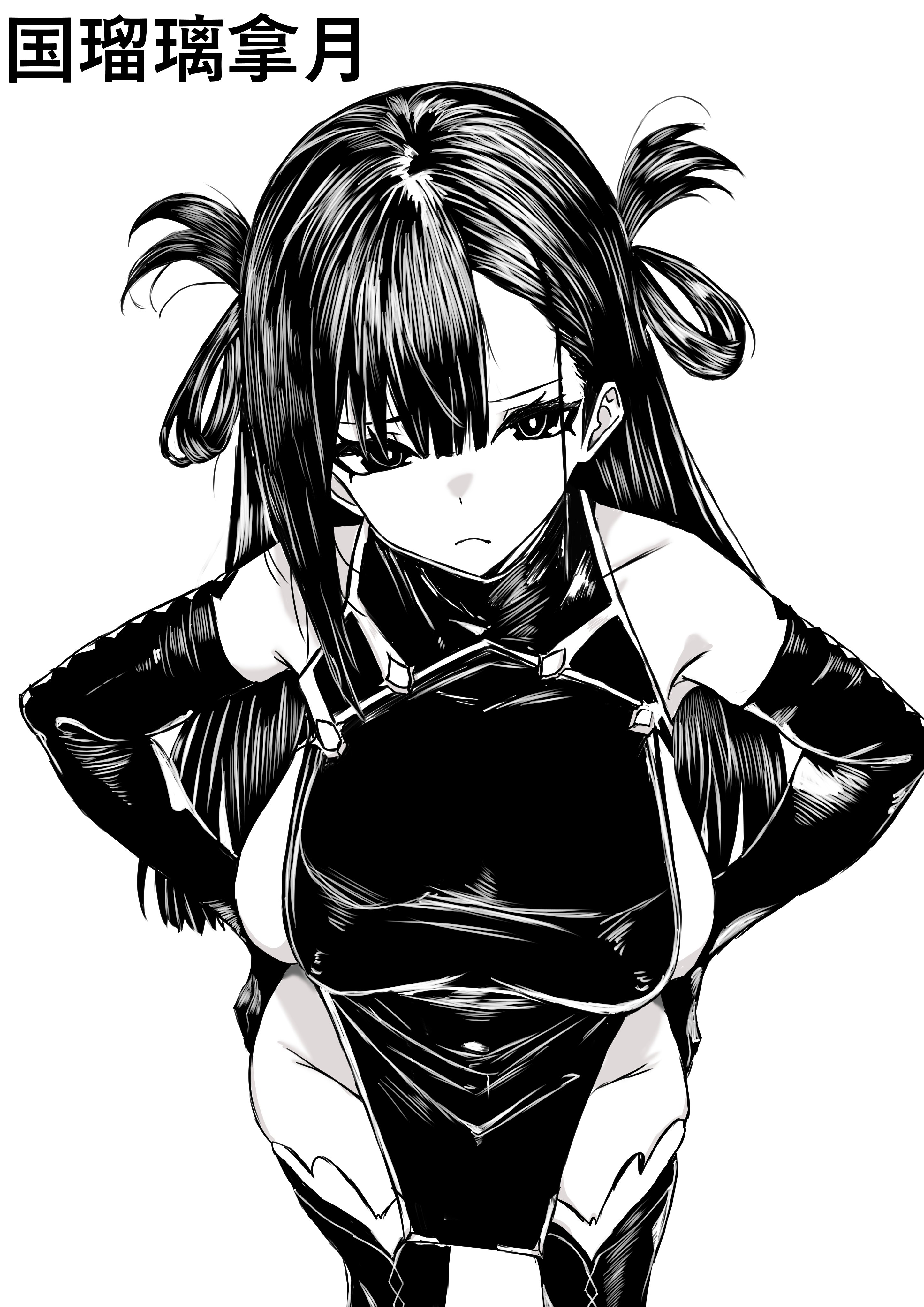 mothinus, nue no onmyouji, absurdres, highres, 1girl, breasts, bright pupils, elbow gloves, gloves, hair rings, hands on own hips, looking at viewer, monochrome, natsuki (nue no onmyouji), pelvic curtain, sideboob, sketch, solo, thighhighs, white pupils