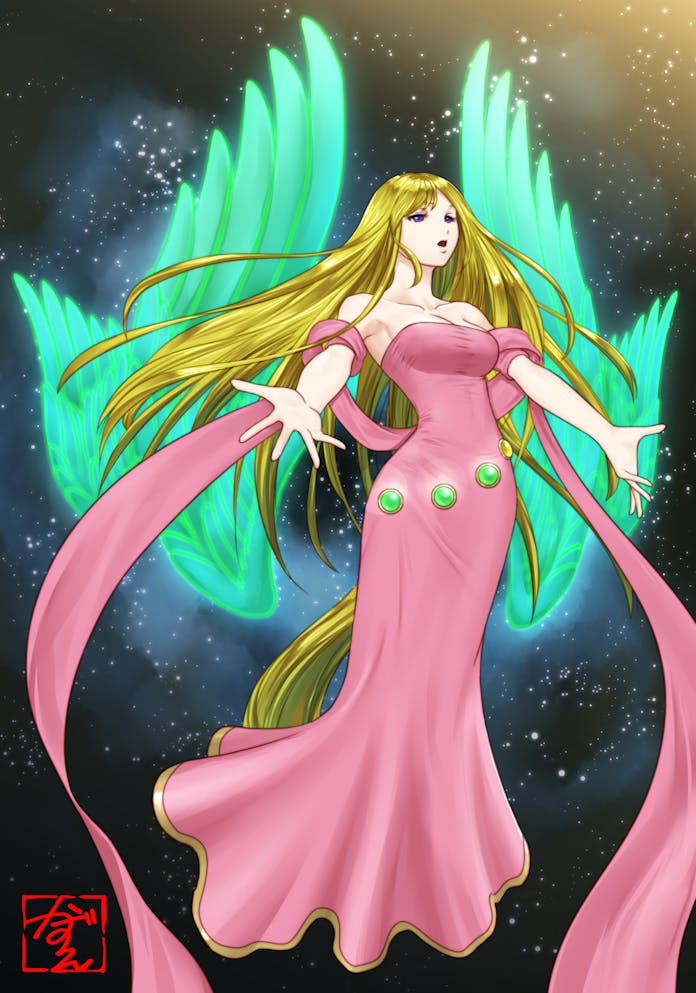 myria, breath of fire, breath of fire iii, commentary, commission, english commentary, skeb commission, 1girl, bare shoulders, blonde hair, breasts, cleavage, dress, feathered wings, full body, long hair, long skirt, open mouth, saitou kazue, skirt, solo, very long hair, wings