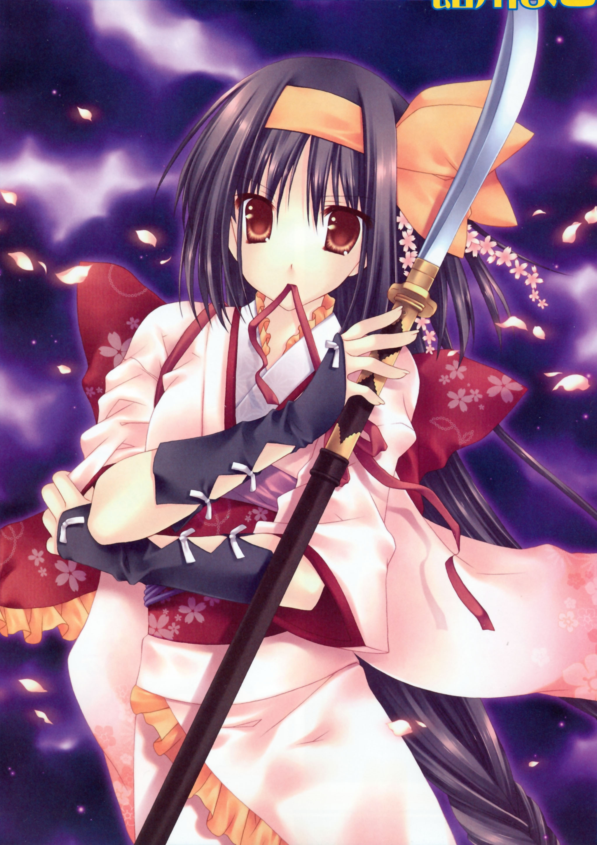 wnb mark, aquarian age, absurdres, highres, 00s, 1girl, cherry blossoms, cowboy shot, female focus, floral print, flower, frilled kimono, frills, headband, japanese clothes, kimono, long hair, mouth hold, naginata, orange eyes, polearm, solo, weapon