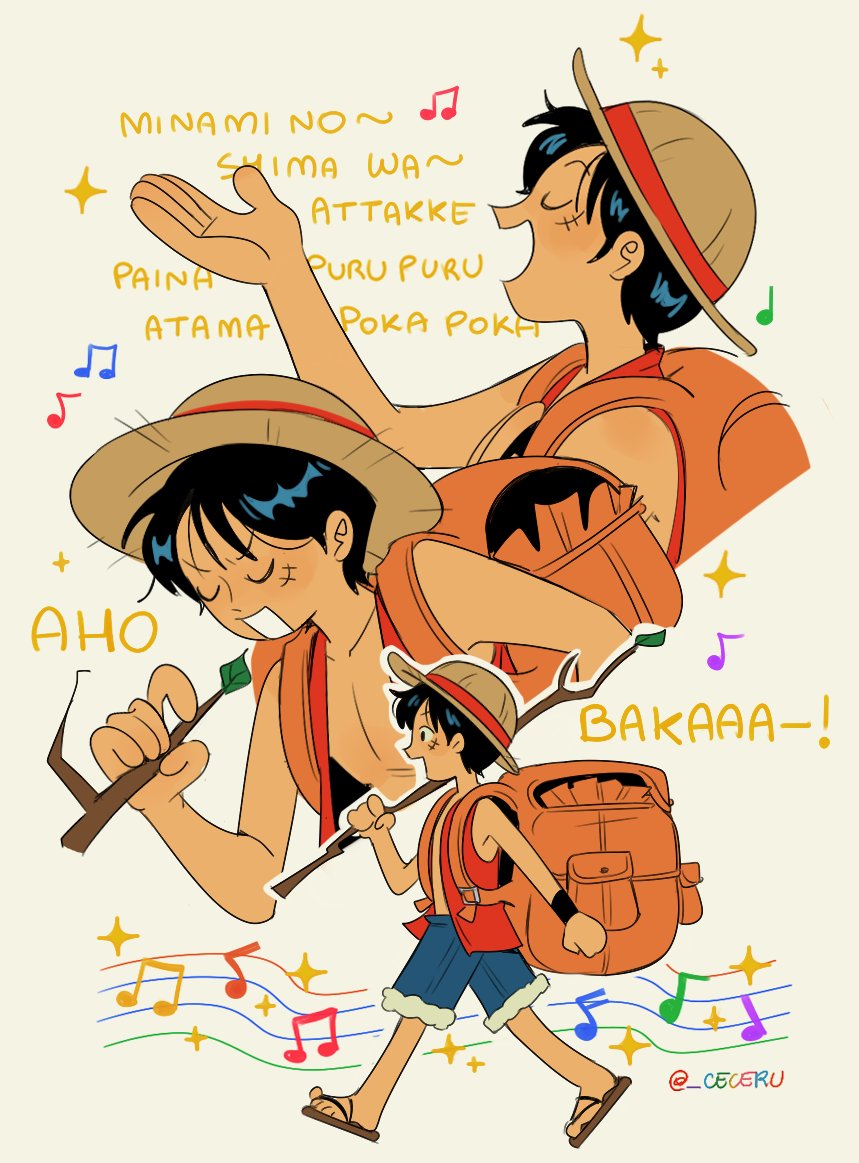 cesel, monkey d. luffy, one piece, commentary, english commentary, 1boy, backpack, bag, bare shoulders, black hair, blue shorts, closed eyes, facial scar, from side, full body, fur-trimmed shorts, fur trim, hat, holding, holding stick, male focus, music, musical note, open clothes, open mouth, open vest, profile, red vest, sandals, scar, scar on cheek, scar on face, sequential, short hair, shorts, singing, sparkle, stick, straw hat, twitter username, upper body, vest, walking