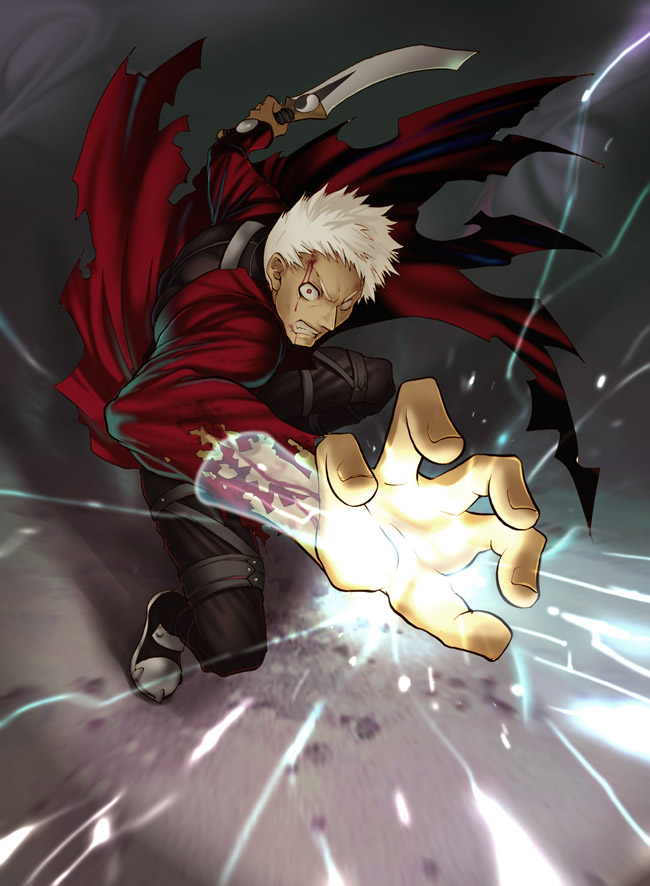 mgk968, archer (fate), fate/stay night, fate (series), 00s, 1boy, aura, battle, crazy eyes, dark-skinned male, dark skin, fighting, kanshou & bakuya (fate), male focus, solo, sword, torn clothes, weapon, white hair