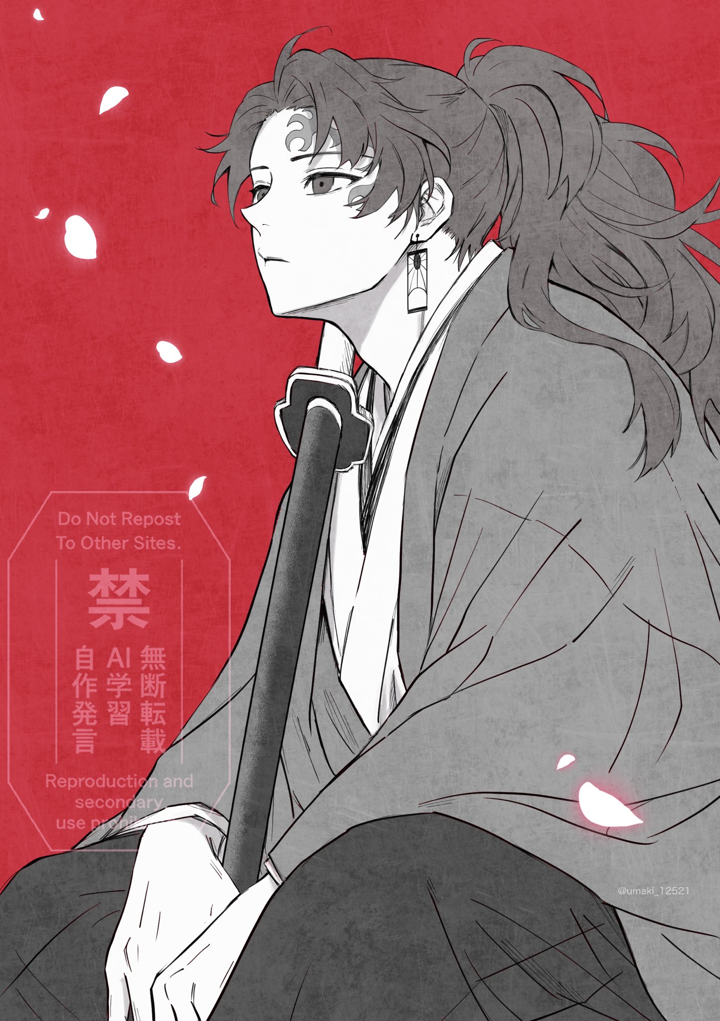 tsugikuni yoriichi, kimetsu no yaiba, highres, 1boy, earrings, english text, facial tattoo, falling petals, hakama, hanafuda earrings, haori, high ponytail, holding, holding sword, holding weapon, japanese clothes, jewelry, katana, kimono, long hair, male focus, parted lips, partially colored, petals, ponytail, red background, simple background, sitting, solo, sword, tattoo, umaki 12521, very long hair, watermark, weapon