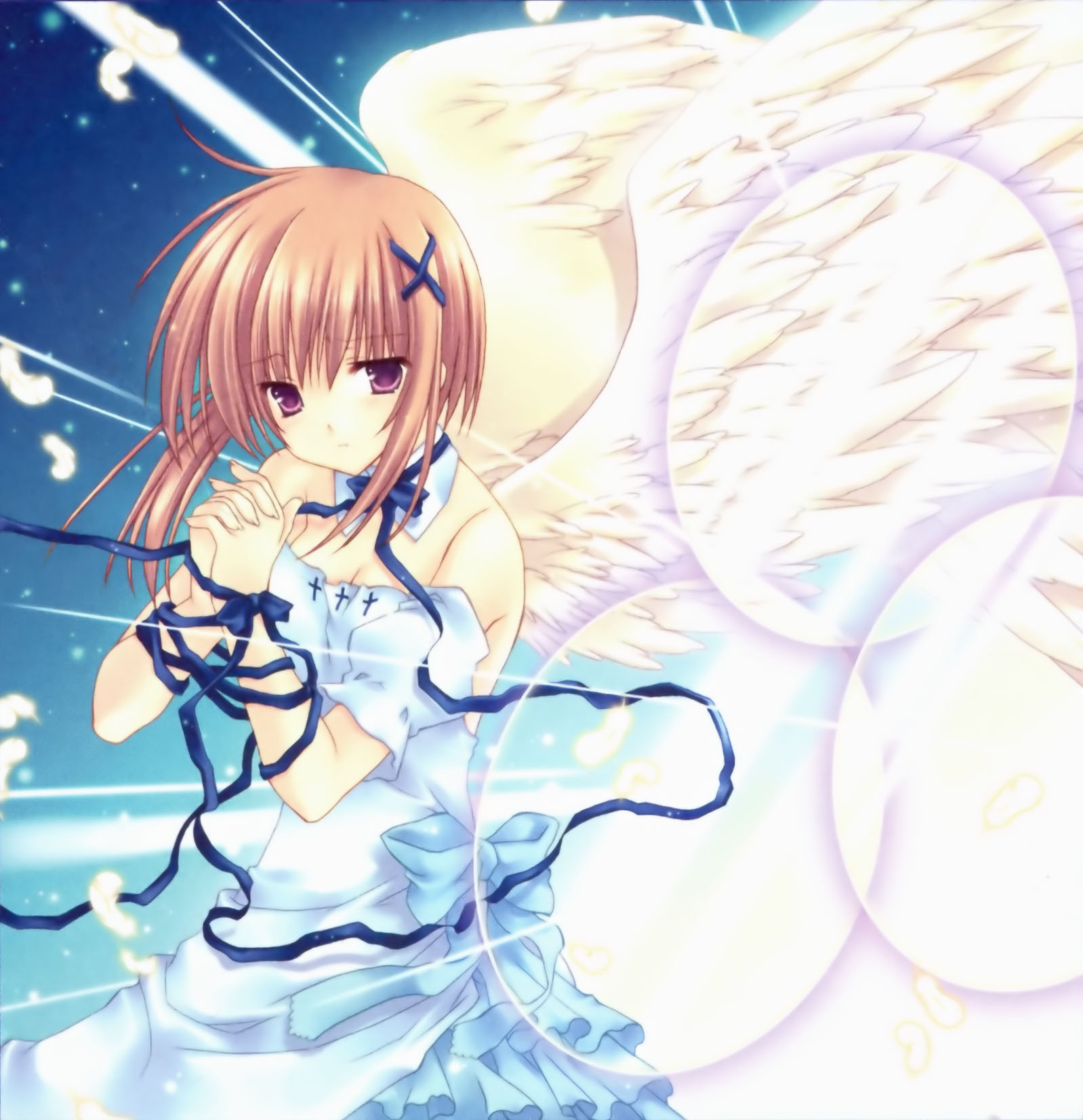 wnb mark, aquarian age, highres, 00s, angel, angel wings, brown hair, feathers, purple eyes, ribbon, short hair, solo, wings