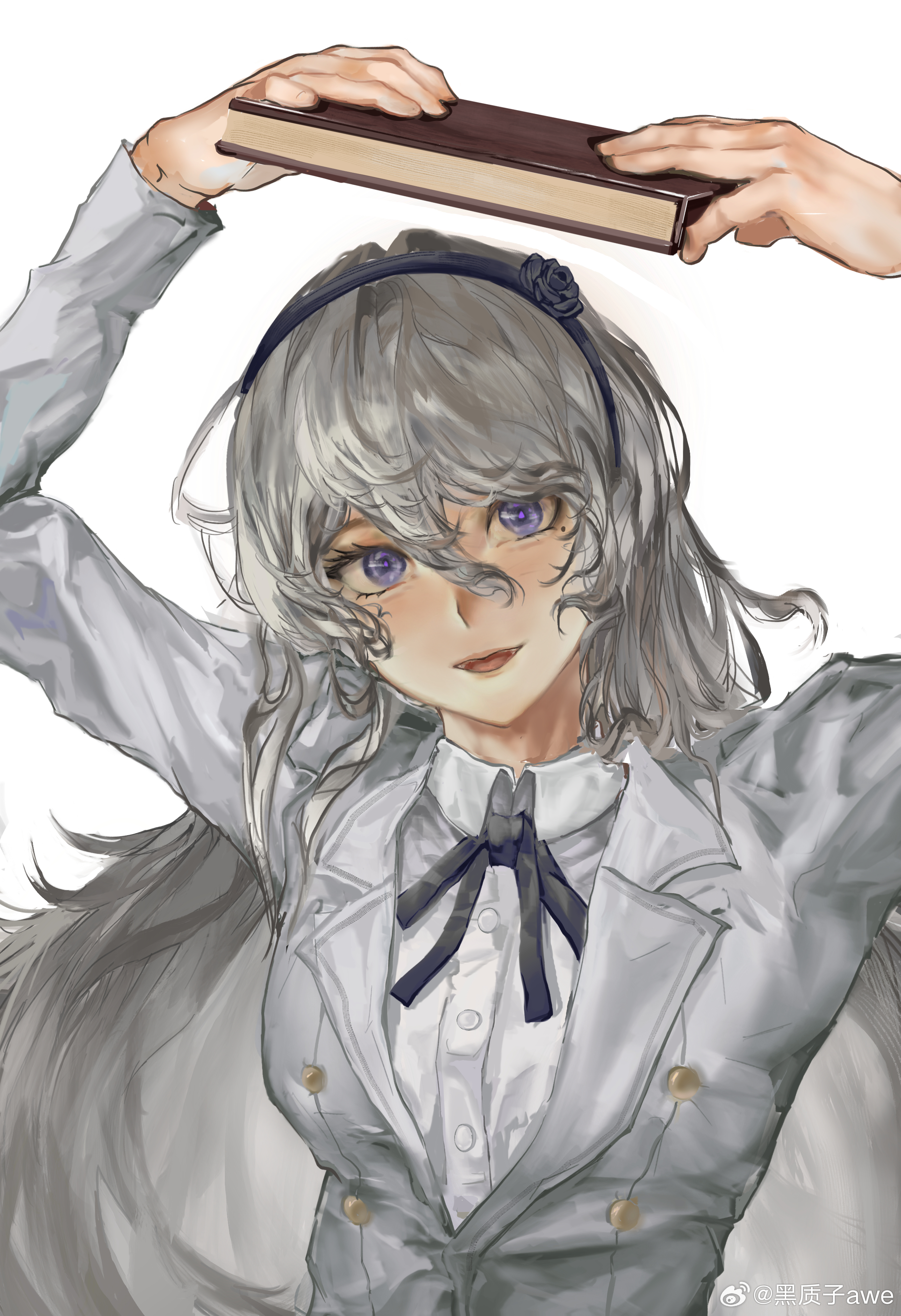 kashimiya karua, the hundred line -last defense academy-, absurdres, hashtag-only commentary, highres, 1girl, arms up, black hairband, black ribbon, book, grey hair, hairband, hei zhizi awe, holding, holding book, jacket, lapels, long hair, mole, mole under eye, neck ribbon, notched lapels, open mouth, purple eyes, ribbon, shirt, simple background, smile, solo, upper body, watermark, weibo watermark, white background, white jacket, white shirt
