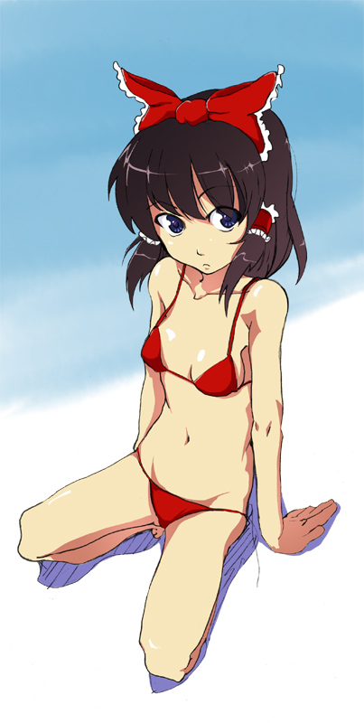 futami shinen, hakurei reimu, touhou, 1girl, bikini, breasts, female focus, full body, gradient background, red bikini, ribbon, short hair, solo, swimsuit, white background