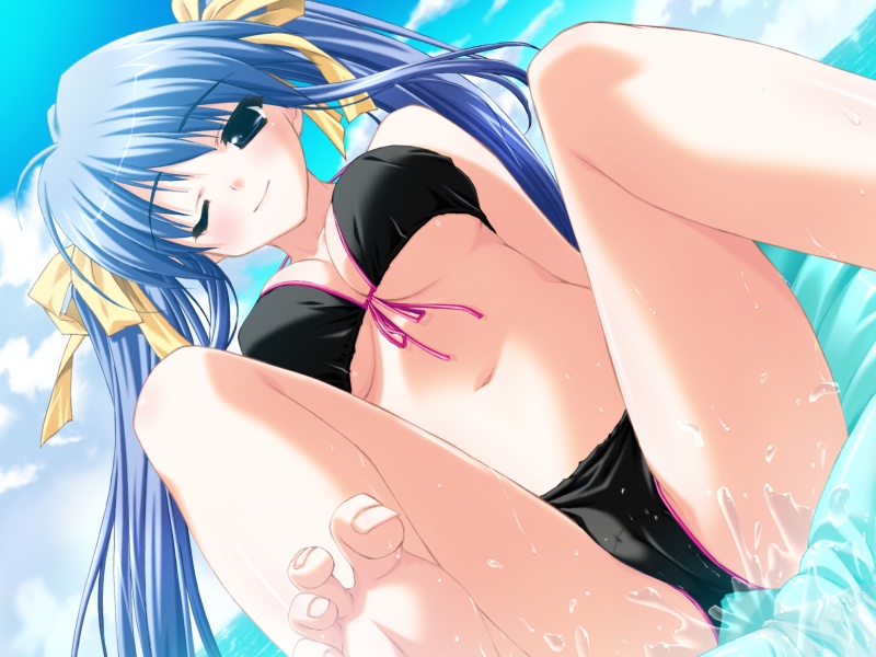 shintarou, kujou amane, kamipani!, game cg, 1girl, barefoot, bikini, black bikini, blue hair, braid, breasts, cameltoe, cloud, day, feet, female focus, fingernails, hair ribbon, long hair, medium breasts, one eye closed, ribbon, sky, solo, spread legs, swimsuit, toes, twintails, water, wink