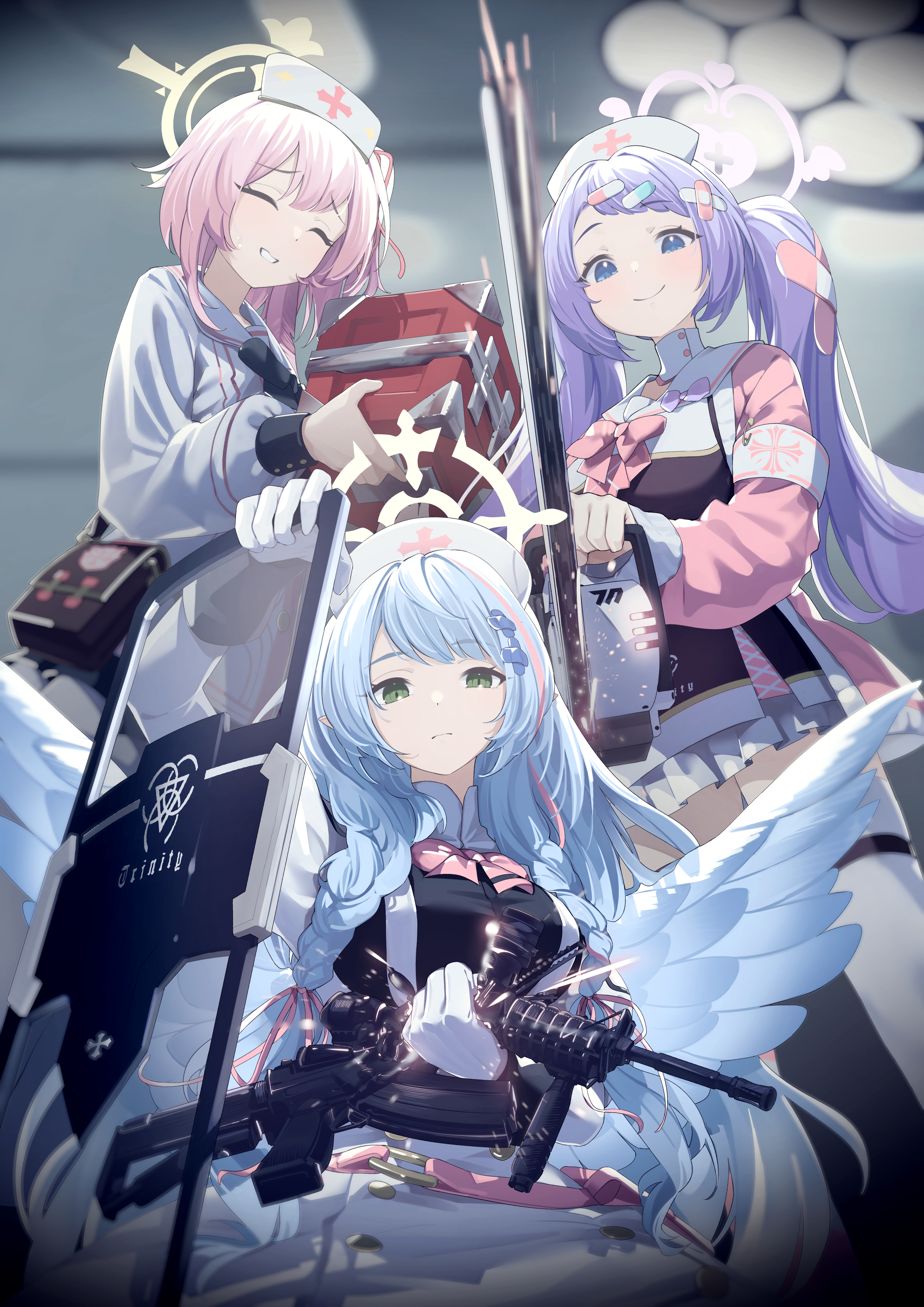 tamagore, hanae (blue archive), mine (blue archive), serina (blue archive), blue archive, absurdres, highres, 3girls, armband, assault rifle, ballistic shield, black dress, black shirt, blue eyes, blue hair, blue wings, blush, box, braid, chainsaw, closed eyes, closed mouth, dress, feather hair, feathered wings, first aid kit, gloves, green eyes, gun, halo, hat, holding, holding box, holding chainsaw, holding gun, holding shield, holding weapon, jacket, long hair, m4 carbine, multiple girls, nurse cap, one side up, pink hair, pink jacket, purple hair, purple halo, remedial knights (blue archive), ribbon, rifle, sailor collar, shield, shirt, skirt, smile, trinity general school logo, twin braids, twintails, weapon, white dress, white gloves, white hat, white sailor collar, white skirt, wings, yellow halo