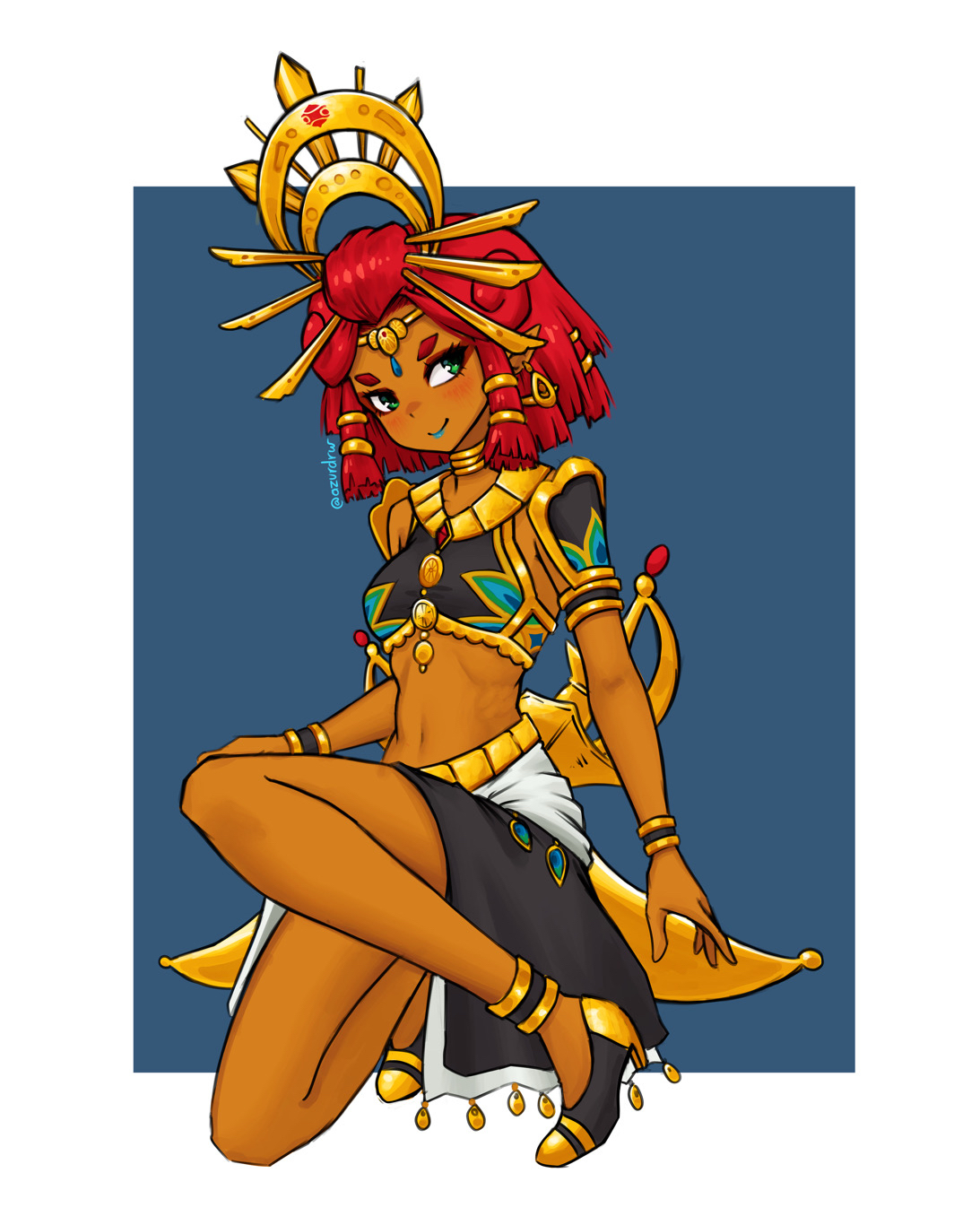 azurdraws, riju, nintendo, the legend of zelda, the legend of zelda: tears of the kingdom, commentary request, highres, 1girl, armor, black shirt, black skirt, blue lips, blush, circlet, closed mouth, crop top, dark-skinned female, dark skin, earrings, eyelashes, full body, gerudo, green eyes, jewelry, lipstick, makeup, midriff, navel, pointy ears, red hair, shirt, short hair, simple background, skirt, smile, solo, spanish commentary, thick eyebrows