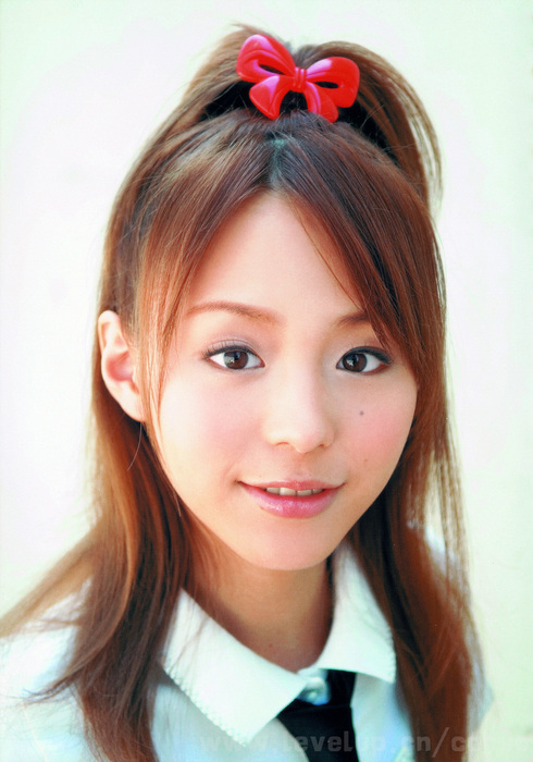 hirano aya, real life, photo (medium), 1girl, asian, child, female focus, mole, mole under eye, ponytail, ribbon, solo, voice actor