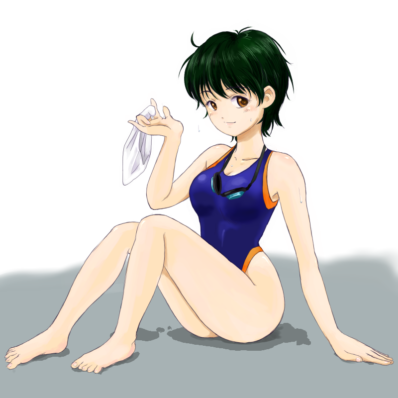 macla, original, 1girl, barefoot, brown eyes, competition swimsuit, female focus, goggles, green hair, one-piece swimsuit, short hair, sitting, solo, swim cap, swimsuit