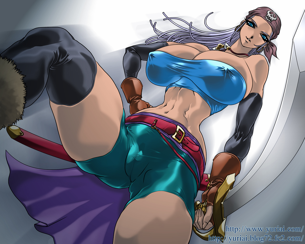 yuri ai, zola (blue dragon), blue dragon, 00s, 1girl, aqua eyes, bandana, belt, bike shorts, breasts, cameltoe, covered erect nipples, dark-skinned female, dark skin, female focus, fingerless gloves, gloves, huge breasts, long hair, muscular, perspective, purple hair, solo, strapless, sword, thighhighs, tube top, weapon