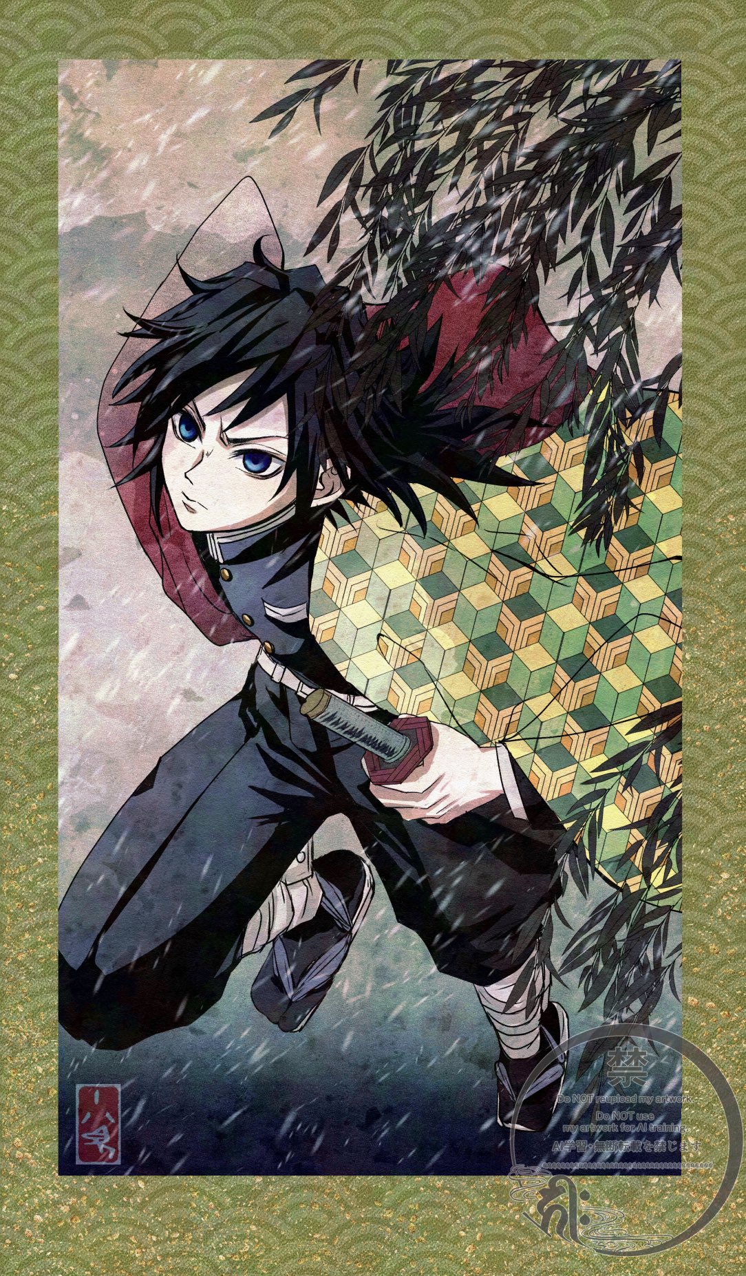 runa (ren rainfall), tomioka giyuu, kimetsu no yaiba, highres, 1boy, black hair, black jacket, black pants, black socks, blue eyes, buttons, demon slayer uniform, gold buttons, haori, high collar, holding, holding sword, holding weapon, jacket, japanese clothes, katana, kikkoumon, low ponytail, male focus, pants, ponytail, print haori, red haori, sandals, socks, solo, spiked hair, sword, weapon