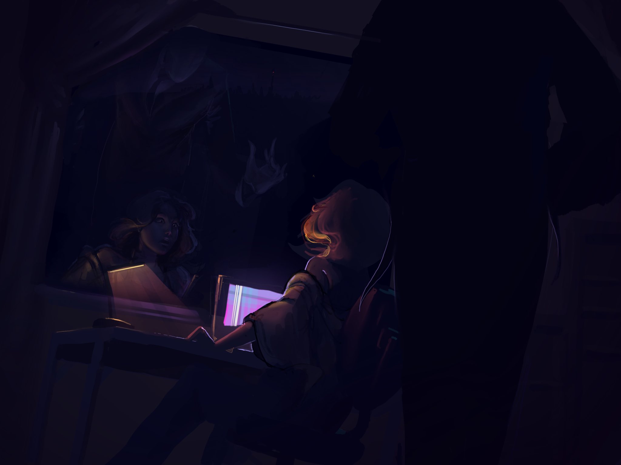 slender man, creepypasta, highres, 1girl, 1other, charlie matheson, computer, curtained hair, dark, deftnm, desk lamp, dim lighting, from behind, glitch, glowing, height difference, lamp, monitor, screen, shadow, sitting, standing, typing