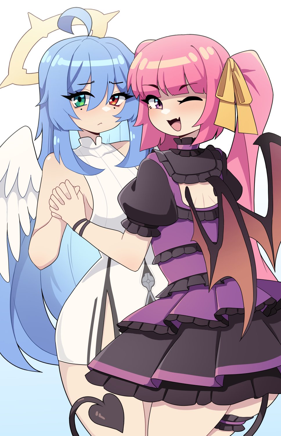 daigada, original, commission, highres, 2girls, ahoge, angel, angel wings, black dress, blue background, blue hair, borrowed character, closed mouth, demon girl, demon tail, demon wings, dress, fang, from behind, gradient background, green eyes, hair ribbon, halo, heterochromia, holding hands, looking at viewer, mole, mole under each eye, mole under eye, multiple girls, multiple moles, one eye closed, open mouth, pink ahir, pink eyes, puffy short sleeves, puffy sleeves, red eyes, ribbon, short sleeves, skin fang, sleeveless, sleeveless sweater, sweater, tail, twintails, white background, white sweater, wings, yellow ribbon