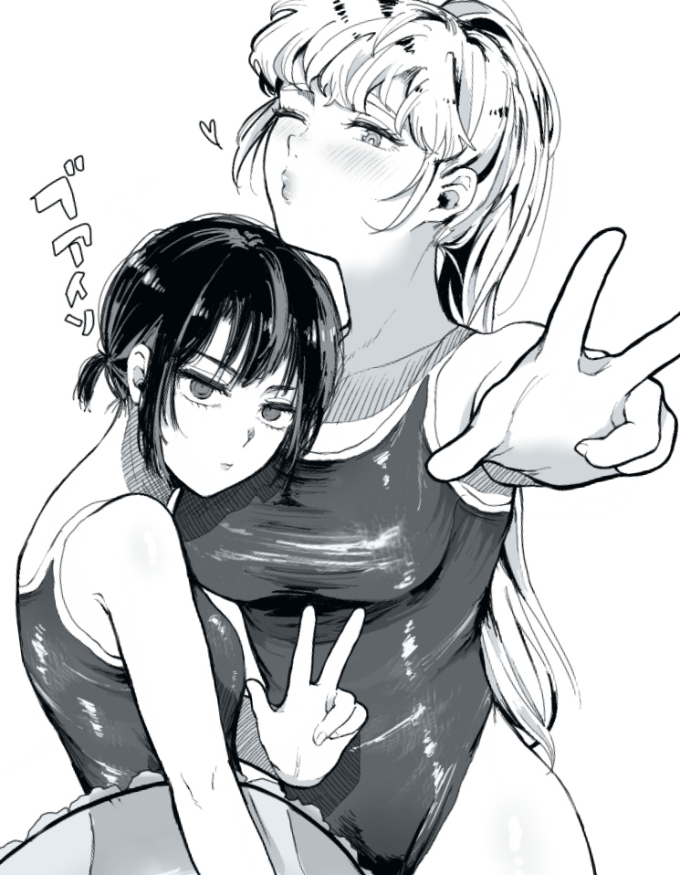 hachiware (user wwva4743), japan (female) (hetalia), japan (hetalia), russia (hetalia), axis powers hetalia, 2girls, alternate costume, alternate hairstyle, bare shoulders, blush, breasts, closed mouth, collarbone, cowboy shot, empty eyes, fingernails, genderswap, genderswap (mtf), greyscale, half-closed eyes, hand up, heart, high ponytail, holding, holding swim ring, innertube, large breasts, lips, long hair, looking at viewer, low ponytail, monochrome, multiple girls, one-piece swimsuit, one eye closed, ponytail, russia (female) (hetalia), short hair, short ponytail, sidelocks, simple background, small breasts, standing, swim ring, swimsuit, w