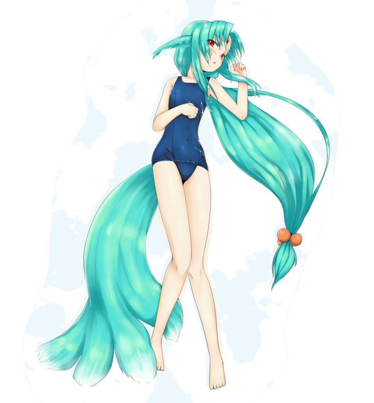 pen (pen3), carbuncle (final fantasy), final fantasy, original, 1girl, animal ears, barefoot, blue hair, blush, facial mark, female focus, forehead mark, full body, long hair, low-tied long hair, lying, multiple tails, one-piece swimsuit, personification, red eyes, school swimsuit, solo, swimsuit, tail, very long hair, white background