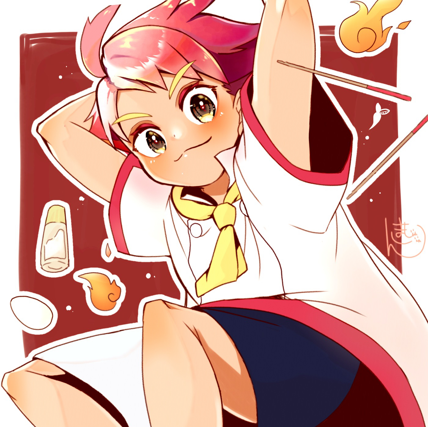 crispin (pokemon), nintendo, pokemon, pokemon sv, commentary request, highres, 1boy, :3, ahoge, arm behind head, arm up, black shorts, blush, border, closed mouth, egg, fire, majujumaju, male focus, mismatched eyebrows, neckerchief, outline, red hair, shirt, short hair, short sleeves, shorts, smile, solo, white border, white outline, white shirt, yellow eyes, yellow neckerchief