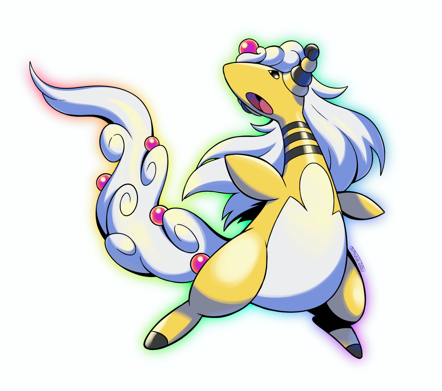 tomycase, ampharos, mega ampharos, nintendo, pokemon, highres, forehead jewel, full body, gen 2 pokemon, long hair, mega pokemon, no humans, sheep, simple background, white background