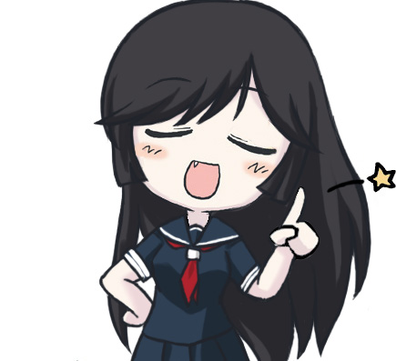 kamura reiri, kaibutsu oujo, artist request, lowres, 00s, 1girl, black hair, blush, chibi, closed eyes, fang, female focus, hand on own hip, hip focus, long hair, open mouth, school uniform, serafuku, simple background, solo, star (symbol), vampire
