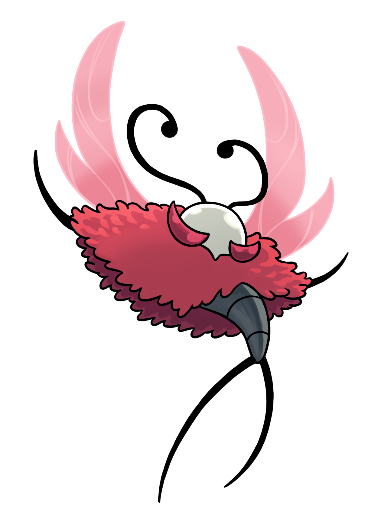 hollow knight, hollow knight: silksong, highres, official art, 1boy, antennae, ari gibson, arms up, black skin, bug, butterfly, chitin, colored skin, full body, insect, pink wings, red eyes, red fur, solo, transparent background, trobbio (hollow knight), wings