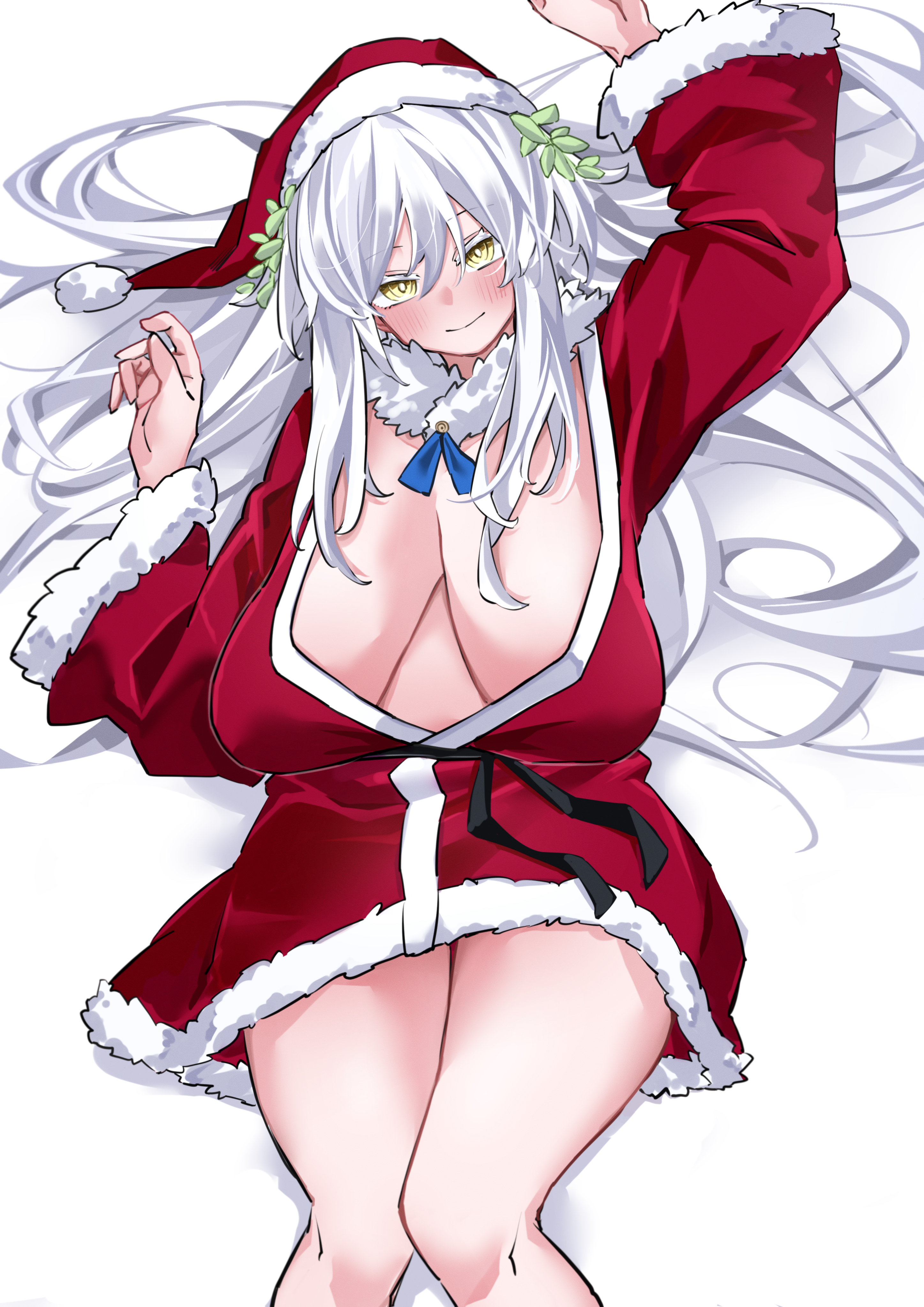 rinrikoko, original, absurdres, highres, 1girl, breasts, cleavage, colored eyelashes, dress, fur-trimmed dress, fur-trimmed headwear, fur trim, hat, large breasts, leaf, leaf on head, long hair, lying, on back, red dress, red hat, ribbon, sagging breasts, santa costume, santa dress, santa hat, solo, thighs, white background, white hair, yellow eyes