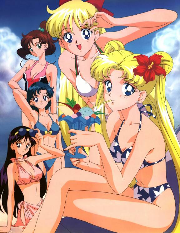 tadano kazuko, aino minako, hino rei, kino makoto, mizuno ami, tsukino usagi, bishoujo senshi sailor moon, jpeg artifacts, official art, 1990s (style), 5girls, beach, bikini, bikini top only, black hair, blonde hair, blue bikini, blue eyes, blue hair, bow, breasts, brown hair, cleavage, cloud, day, double bun, drink, earrings, everyone, female focus, flower, hair bobbles, hair bow, hair bun, hair flower, hair ornament, hibiscus, jewelry, long hair, medium breasts, multiple girls, navel, one-piece swimsuit, outdoors, pink bikini, pink sarong, ponytail, red bow, retro artstyle, sarong, short hair, side-tie bikini bottom, sky, sunglasses, swimsuit, twintails, white bikini