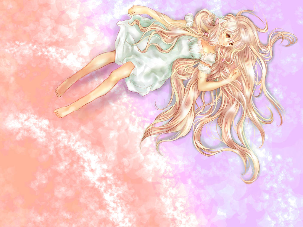 yasuhito (yasu no e), chii, chobits, 00s, barefoot, blonde hair, brown eyes, hair spread out, long hair, lying