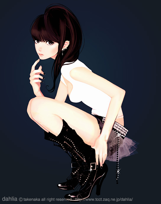 takenaka, original, black footwear, bad id, bad pixiv id, 1girl, artist name, belt, black nails, blue background, boots, breasts, brown eyes, brown hair, earrings, expressionless, fashion, female focus, finger to own chin, from side, full body, glint, high heel boots, high heels, jewelry, knee boots, lips, long hair, looking at viewer, nail polish, see-through clothes, shoes, short shorts, shorts, sideboob, simple background, solo, squatting, watermark, web address