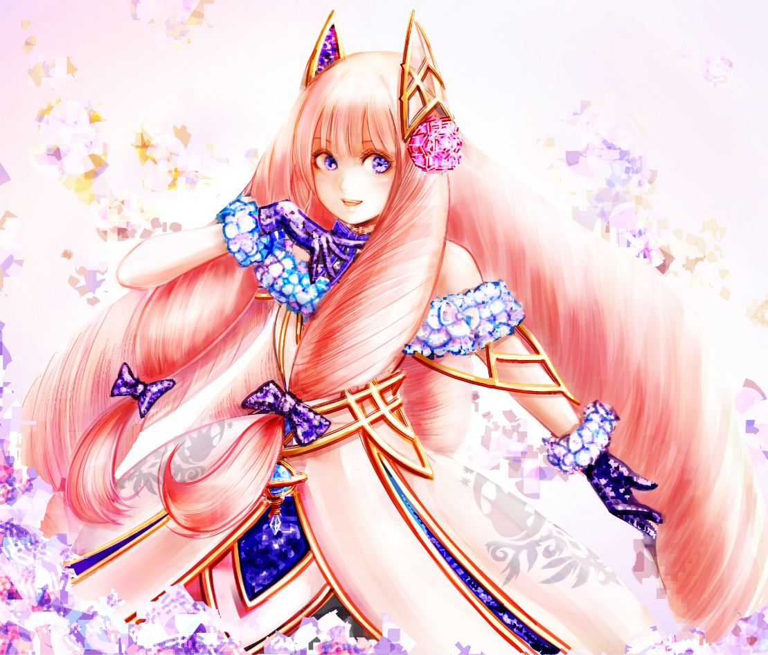 sushi (sashimise), aurora (pso2), phantasy star, phantasy star online 2, 1girl, arm up, bare shoulders, bow, dress, gloves, hair bow, hair ornament, hand on own chest, long hair, low-tied sidelocks, open mouth, outstretched arm, pink background, pink hair, purple bow, purple eyes, purple gloves, ringlets, sidelocks, smile, solo, strapless, strapless dress, very long hair