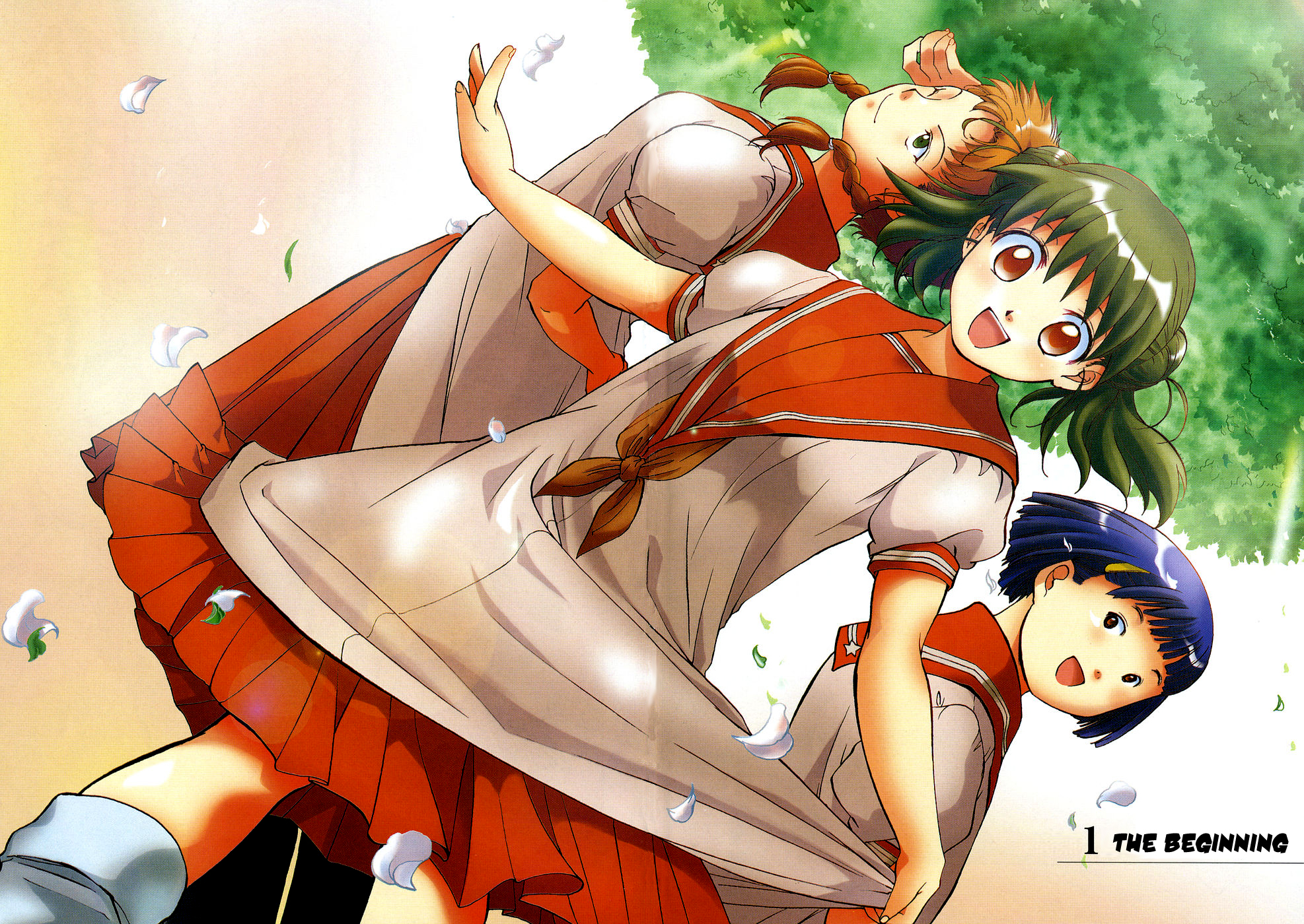kitou en, kimiyoshi natsumi, makimura tamako, saeki chisato, higurashi no naku koro ni, highres, 00s, 3girls, blonde hair, blue hair, brown eyes, donut hair bun, friends, green eyes, green hair, hair bun, kito en, long hair, multiple girls, orange eyes, petals, school uniform, serafuku, smile