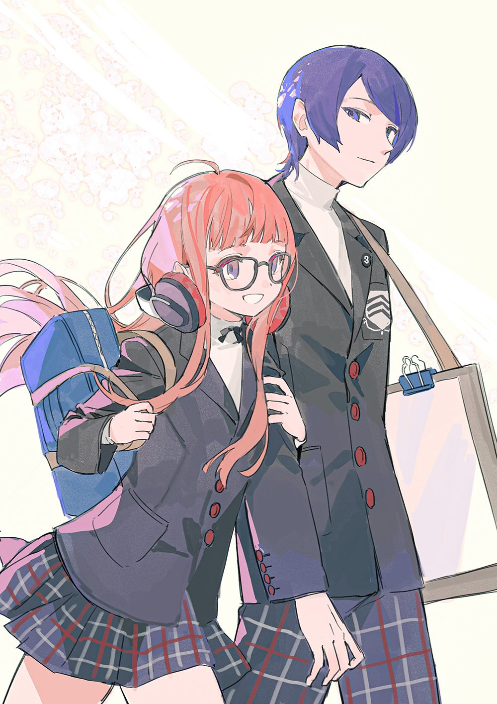 red medicine, kitagawa yuusuke, sakura futaba, persona, persona 5, chinese commentary, commentary request, highres, 1boy, 1girl, ahoge, arms at sides, bag, black-framed eyewear, black jacket, black pants, black skirt, blue bag, blue eyes, blue hair, blunt bangs, clipboard, closed mouth, cowboy shot, cream background, floating hair, glasses, grabbing another's arm, hand on another's arm, headphones, headphones around neck, height difference, hetero, holding strap, jacket, long hair, looking at another, looking to the side, orange hair, pants, parted bangs, plaid clothes, plaid pants, plaid skirt, pleated skirt, purple eyes, school bag, school uniform, shirt, short hair, shuujin academy school uniform, sidelocks, skirt, smile, white shirt