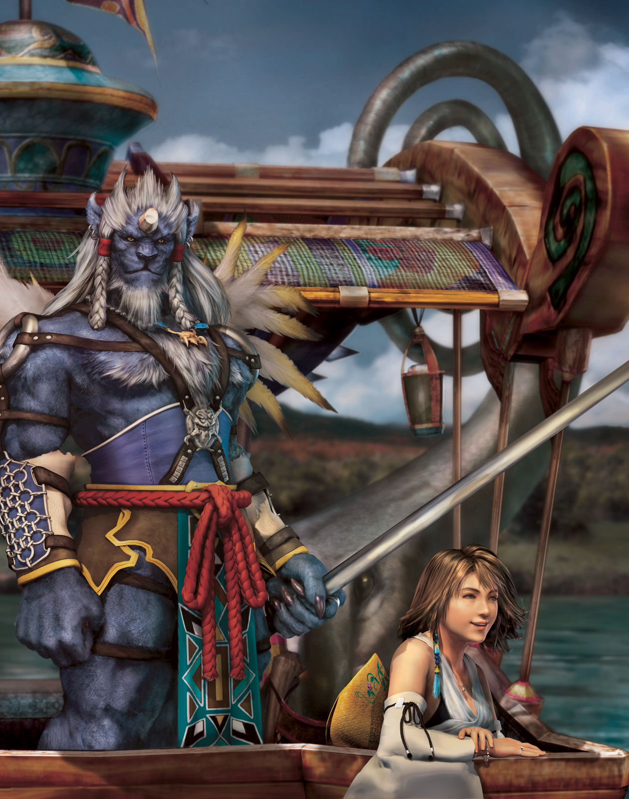 kimahri ronso, yuna, yuna (ff10), final fantasy, final fantasy x, square enix, highres, official art, 00s, 1girl, 3d, animal ears, belt, blue skin, boat, bracer, braid, brown eyes, cloud, colored skin, day, detached sleeves, earrings, horns, jewelry, sky, twin braids, water, watercraft