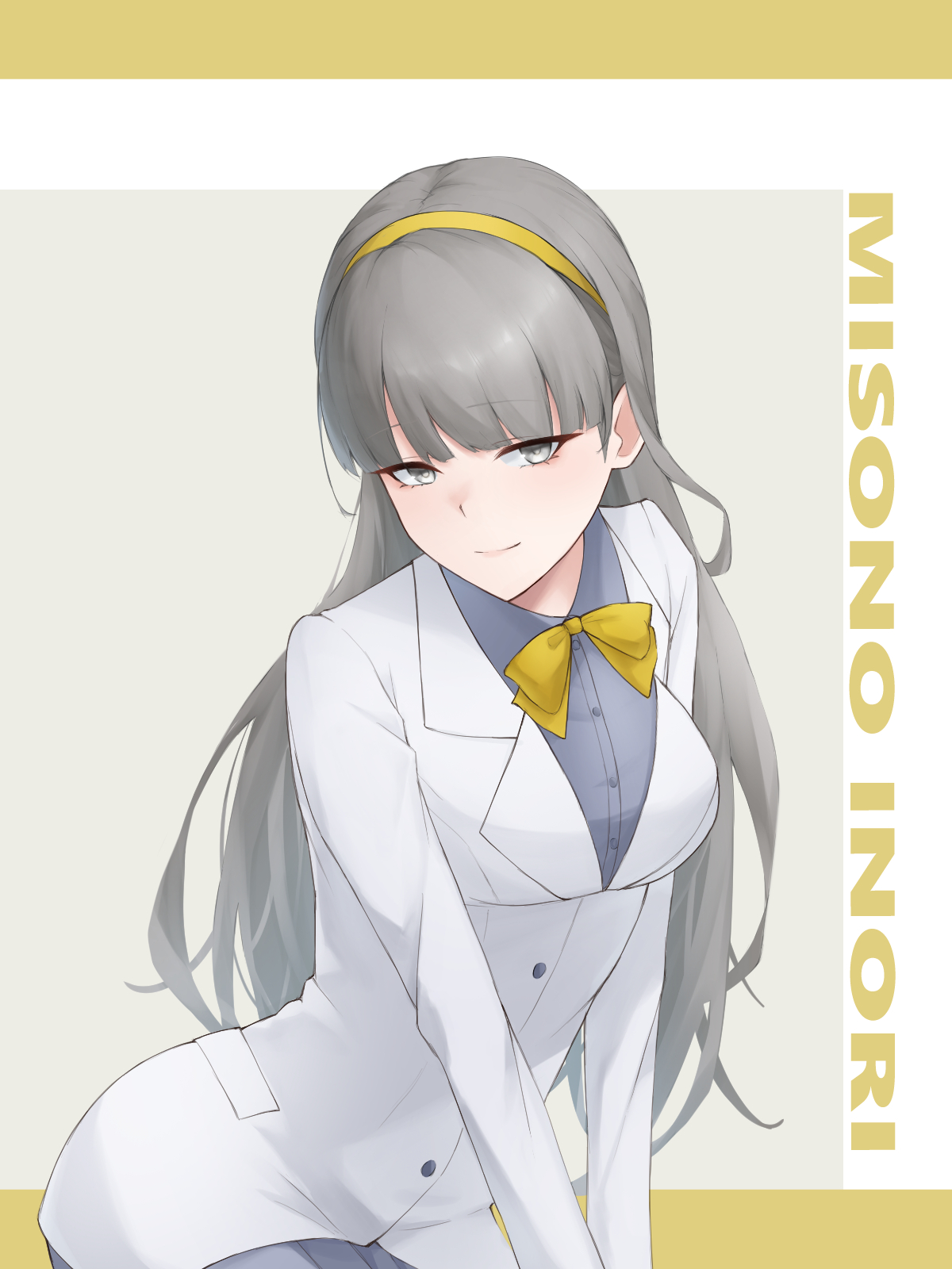 zigma s, misono inori, digimon, digimon story: time stranger, highres, 1girl, breasts, cowboy shot, grey background, grey eyes, grey hair, jacket, large breasts, long hair, simple background, smile, solo, white jacket