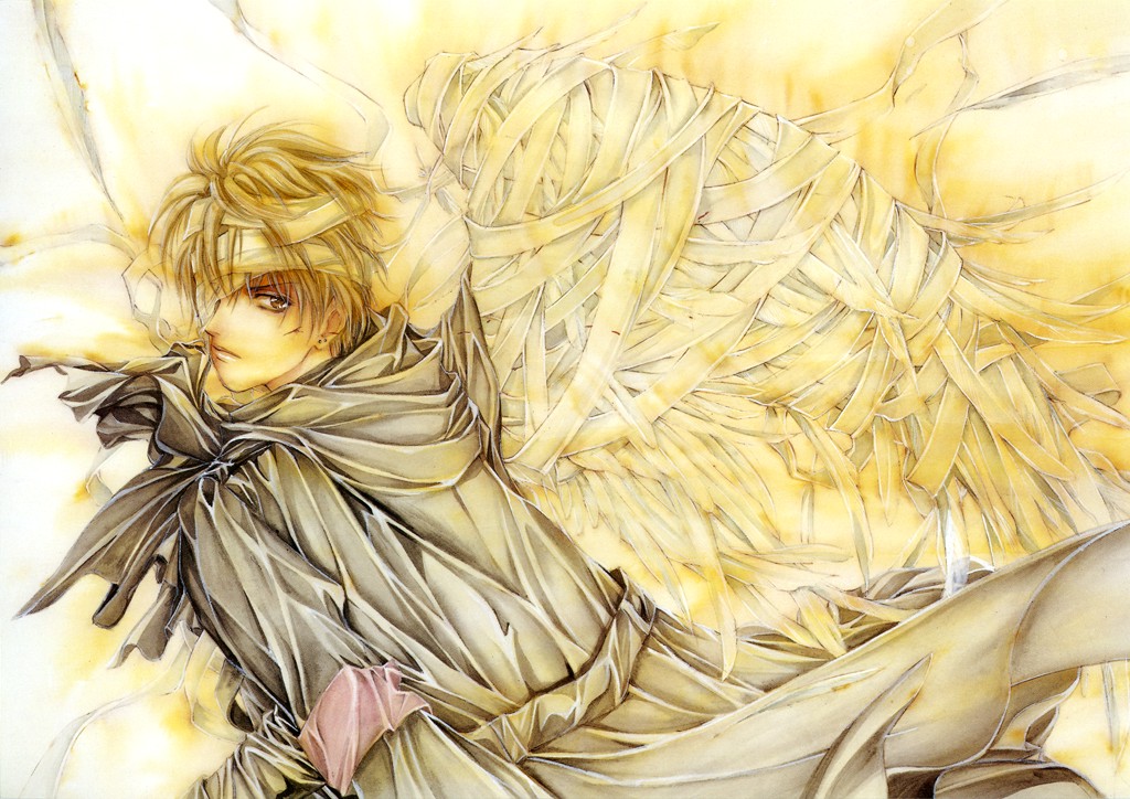 yuki kaori, mudou setsuna, angel sanctuary, lost angel, artbook, 1boy, angel wings, bandages, blonde hair, cape, earrings, injury, jewelry, male focus, short hair, solo, wings