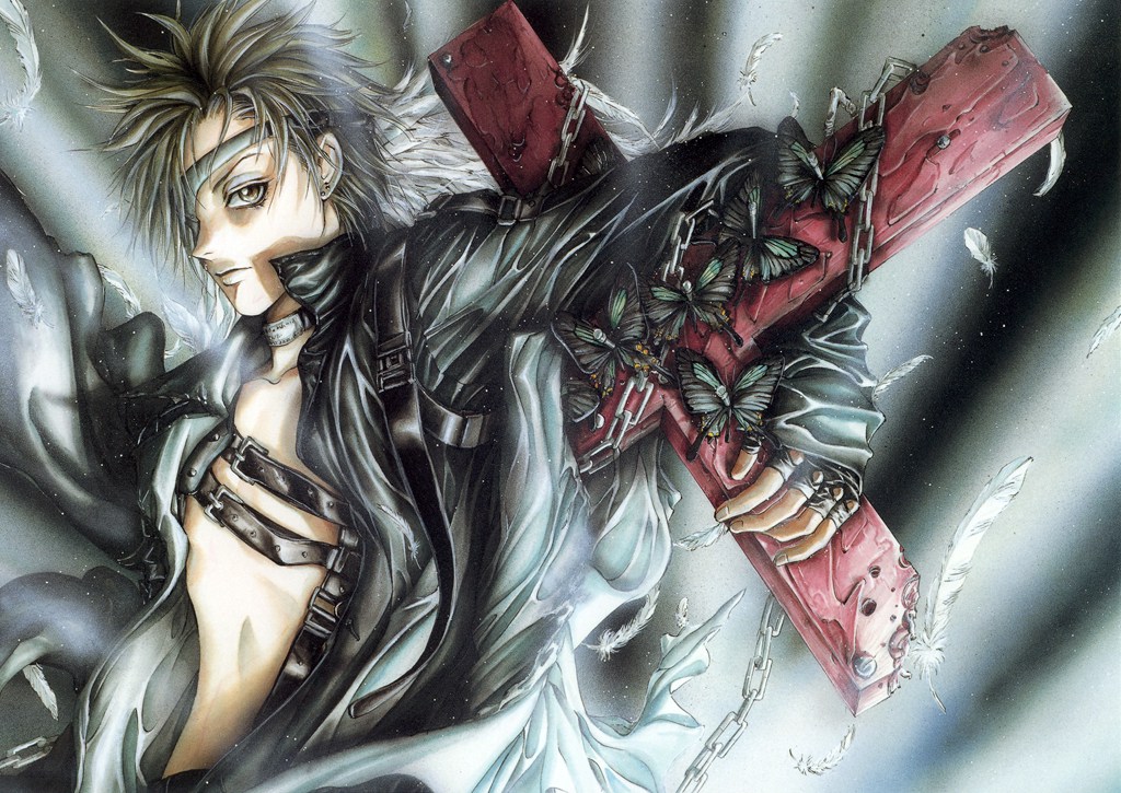 yuki kaori, mudou setsuna, angel sanctuary, lost angel, artbook, 1boy, belt, black gloves, brown eyes, brown hair, bug, butterfly, chain, choker, cross, earrings, eyepatch, feathers, fingerless gloves, gloves, jacket, jewelry, leather, leather jacket, male focus, short hair, solo, topless male