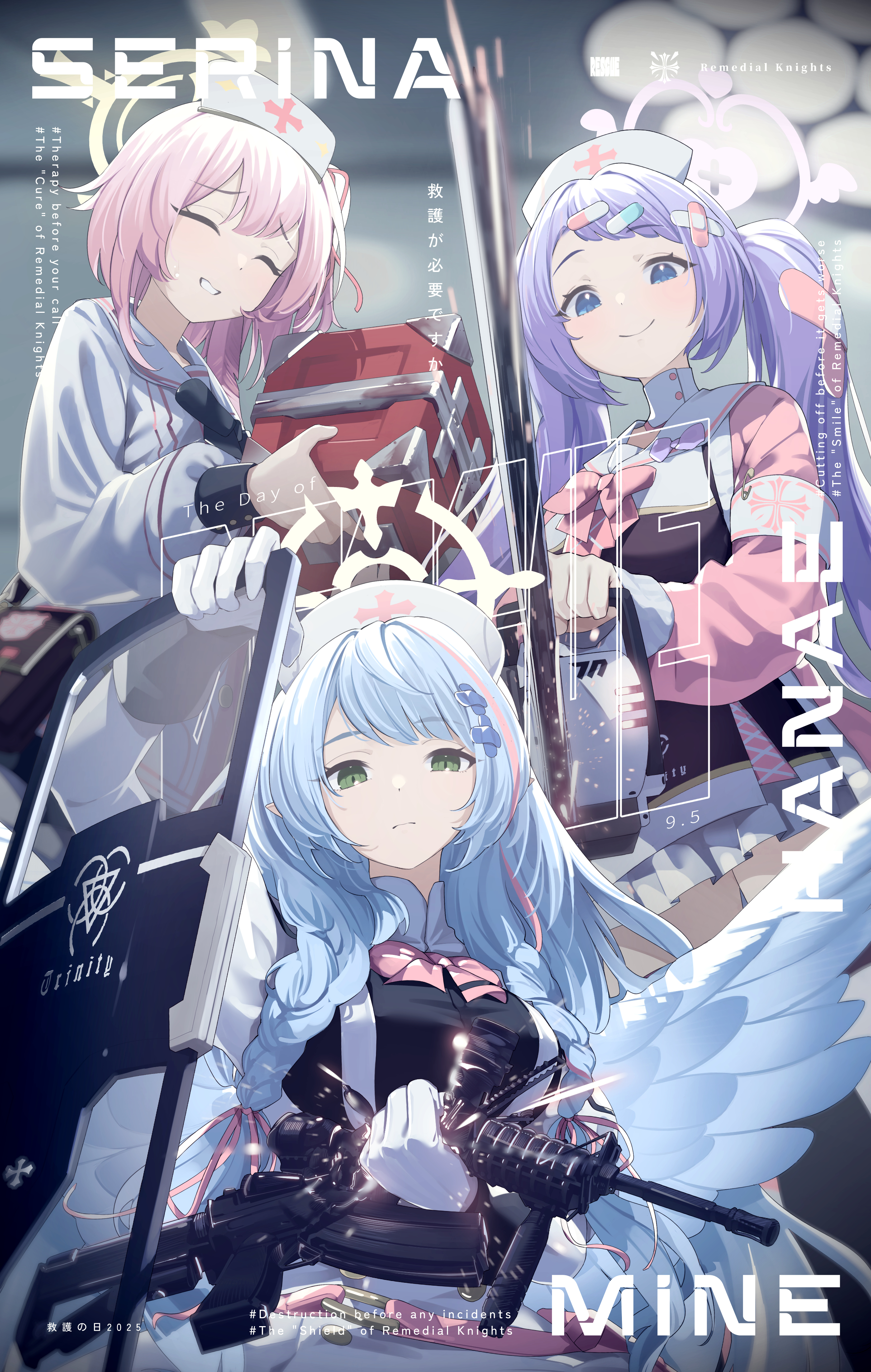 tamagore, hanae (blue archive), mine (blue archive), serina (blue archive), blue archive, absurdres, highres, 3girls, armband, assault rifle, ballistic shield, black dress, black shirt, blue eyes, blue hair, blue wings, blush, box, braid, chainsaw, closed eyes, closed mouth, dress, feather hair, feathered wings, first aid kit, gloves, green eyes, gun, halo, hat, holding, holding box, holding chainsaw, holding gun, holding shield, holding weapon, jacket, long hair, m4 carbine, multiple girls, nurse cap, one side up, pink hair, pink jacket, purple hair, purple halo, remedial knights (blue archive), ribbon, rifle, sailor collar, shield, shirt, skirt, smile, trinity general school logo, twin braids, twintails, weapon, white dress, white gloves, white hat, white sailor collar, white skirt, wings, yellow halo