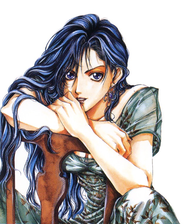 alexiel, yuki kaori, angel sanctuary, lost angel, artbook, angel, blue eyes, blue hair, chair, dress, earrings, jewelry, long hair, parted lips, sitting, solo, wavy hair