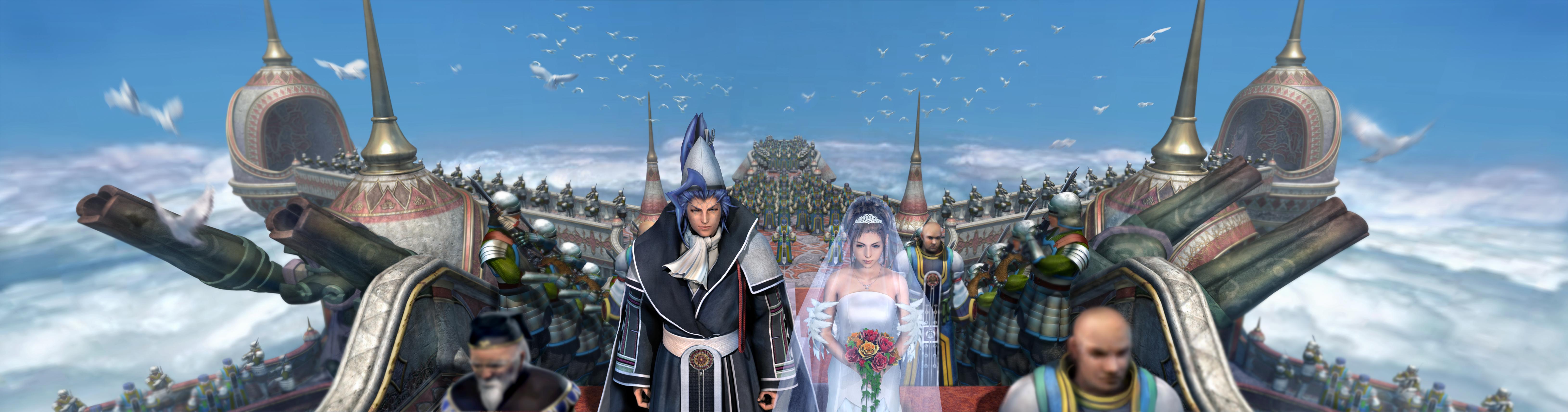 seymour guado, yo mika, yuna, yuna (ff10), final fantasy, final fantasy x, absurdres, highres, long image, spoilers, wide image, 00s, 1boy, 1girl, 3d, alternate costume, bald, bird, bridal veil, bride, cloud, couple, day, dress, flower, gun, hetero, sky, soldier, veil, weapon, wedding dress