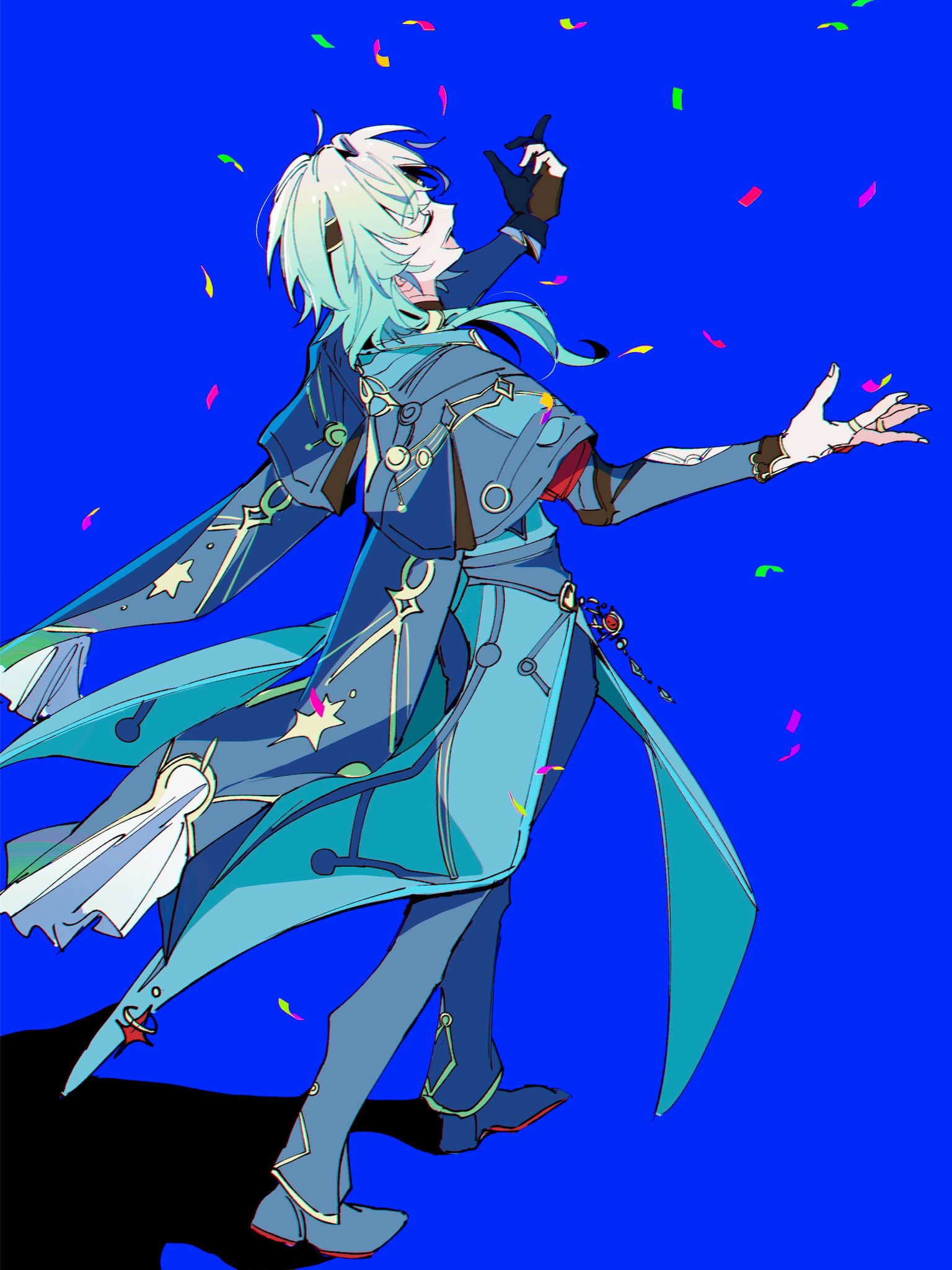 yu (yyy6 y1 yy7), anaxa (honkai: star rail), honkai: star rail, honkai (series), highres, 1boy, black gloves, blue background, closed eyes, confetti, from behind, gloves, jewelry, male focus, multiple rings, open mouth, outstretched arms, partially fingerless gloves, ring, shadow, simple background, smile, solo, standing, teeth, upper teeth only, walking