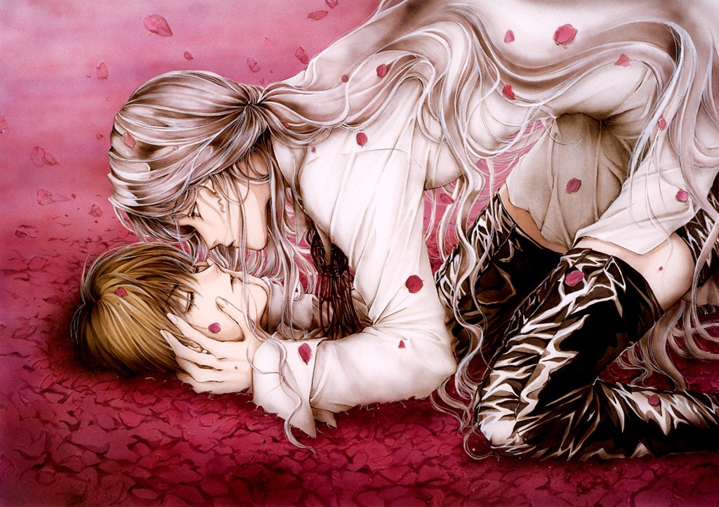 rosiel, yuki kaori, mudou sara, mudou setsuna, angel sanctuary, lost angel, silver hair, artbook, 2boys, androgynous, angel, blonde hair, boots, closed eyes, hands on another's face, kneeling, leather, long hair, looking at another, male focus, multiple boys, petals, ponytail, short hair, thigh boots, thighhighs, wavy hair