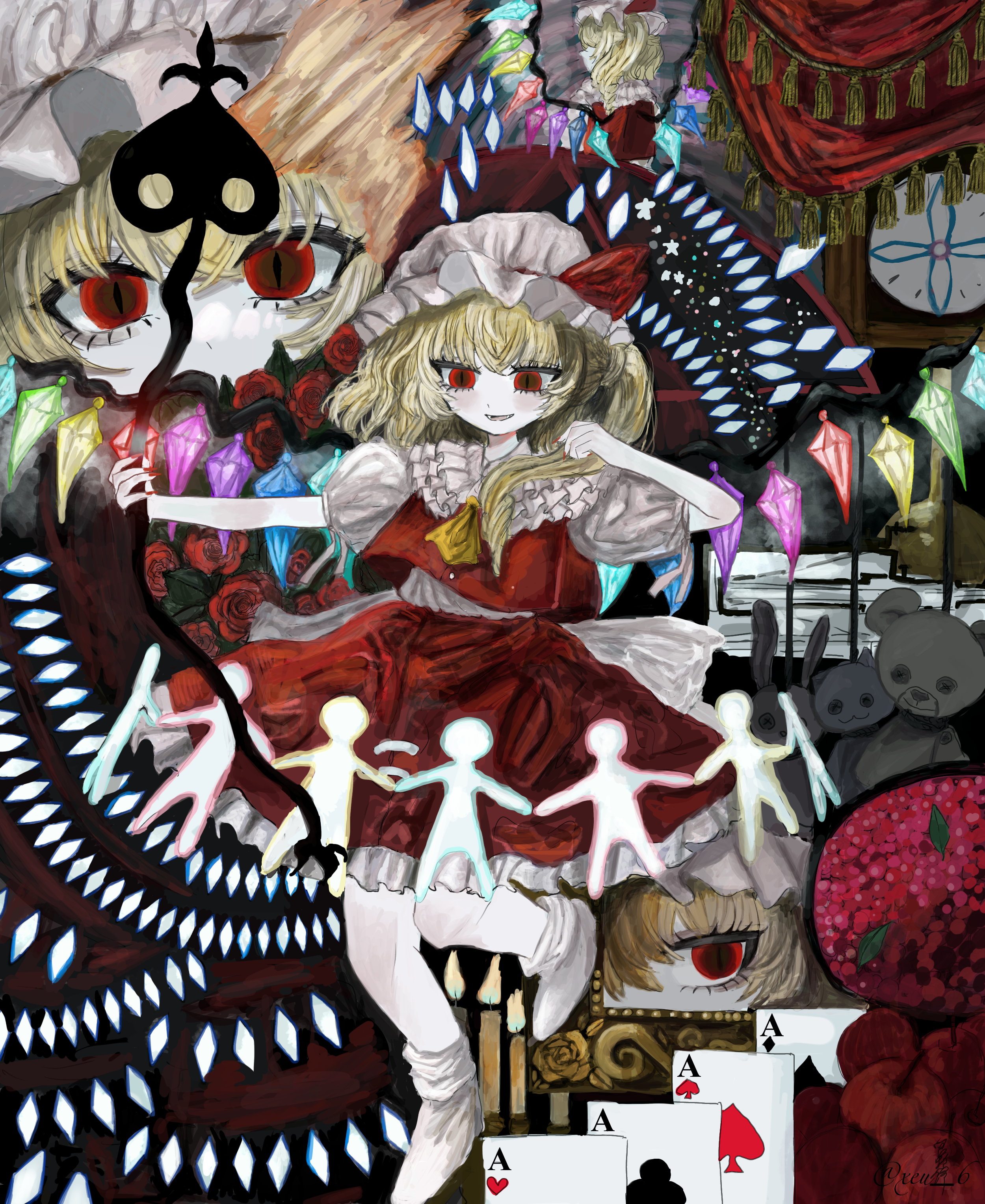 xeu 6, flandre scarlet, touhou, absurdres, highres, 1girl, ace (playing card), ace of clubs, ace of diamonds, ace of hearts, ace of spades, ascot, blonde hair, card, club (shape), crystal wings, diamond (shape), fangs, food, frilled hat, frills, fruit, hat, heart, holding, holding polearm, holding weapon, laevatein (touhou), medium hair, mob cap, one side up, paper cutout, parted lips, playing card, polearm, pomegranate, puffy short sleeves, puffy sleeves, red eyes, red shirt, red skirt, sash, shirt, short sleeves, skirt, sleeveless, sleeveless shirt, slit pupils, smile, socks, solo, spade (shape), stuffed animal, stuffed rabbit, stuffed toy, teddy bear, vampire, weapon, white sash, white shirt, white socks, white trim, wings, witch hat, yellow ascot