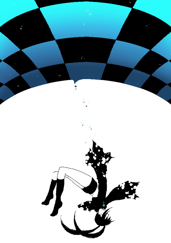 bizen yaki, black rock shooter (character), black rock shooter, bad id, bad pixiv id, 10s, 1girl, bikini, bikini top only, black hair, coat, faceless, faceless female, falling, female focus, flat chest, hood, hooded jacket, jacket, kneehighs, long hair, midriff, monochrome, no eyes, pale skin, short shorts, shorts, socks, solo, star (symbol), swimsuit, twintails