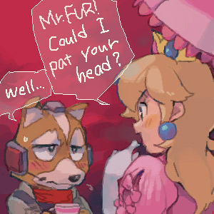 motohashi mari, fox mccloud, princess peach, mario (series), nintendo, star fox, super smash bros., lowres, 1boy, 1girl, blush, english text, furry, furry male, oekaki