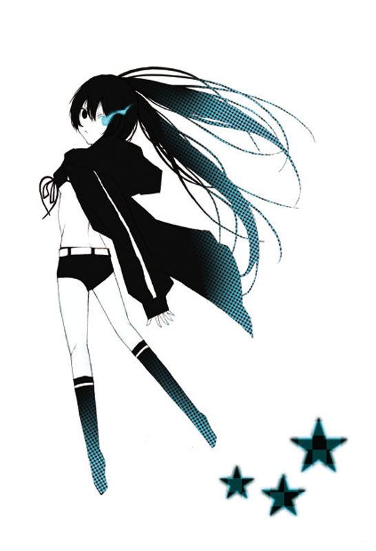 cho bi, chobi (pixiv148232), black rock shooter (character), black rock shooter, 10s, 1girl, belt, bikini, bikini top only, black eyes, black hair, boots, coat, female focus, flat chest, front-tie top, glowing, glowing eyes, hood, hooded jacket, jacket, knee boots, long hair, looking back, midriff, pale skin, short shorts, shorts, solo, star (symbol), swimsuit, twintails, uneven twintails, wind